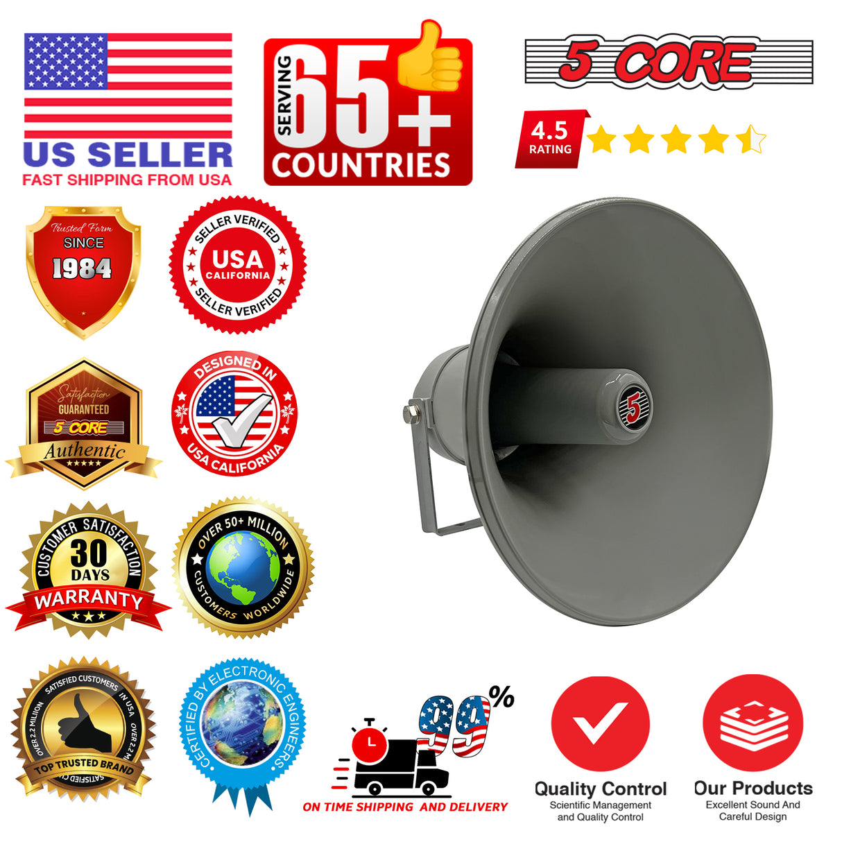 5 Core PA Horn 350W Loud Speaker 12 Inch Bull Horn Loud Audio 8Ohm All Weather Indoor Outdoor Use