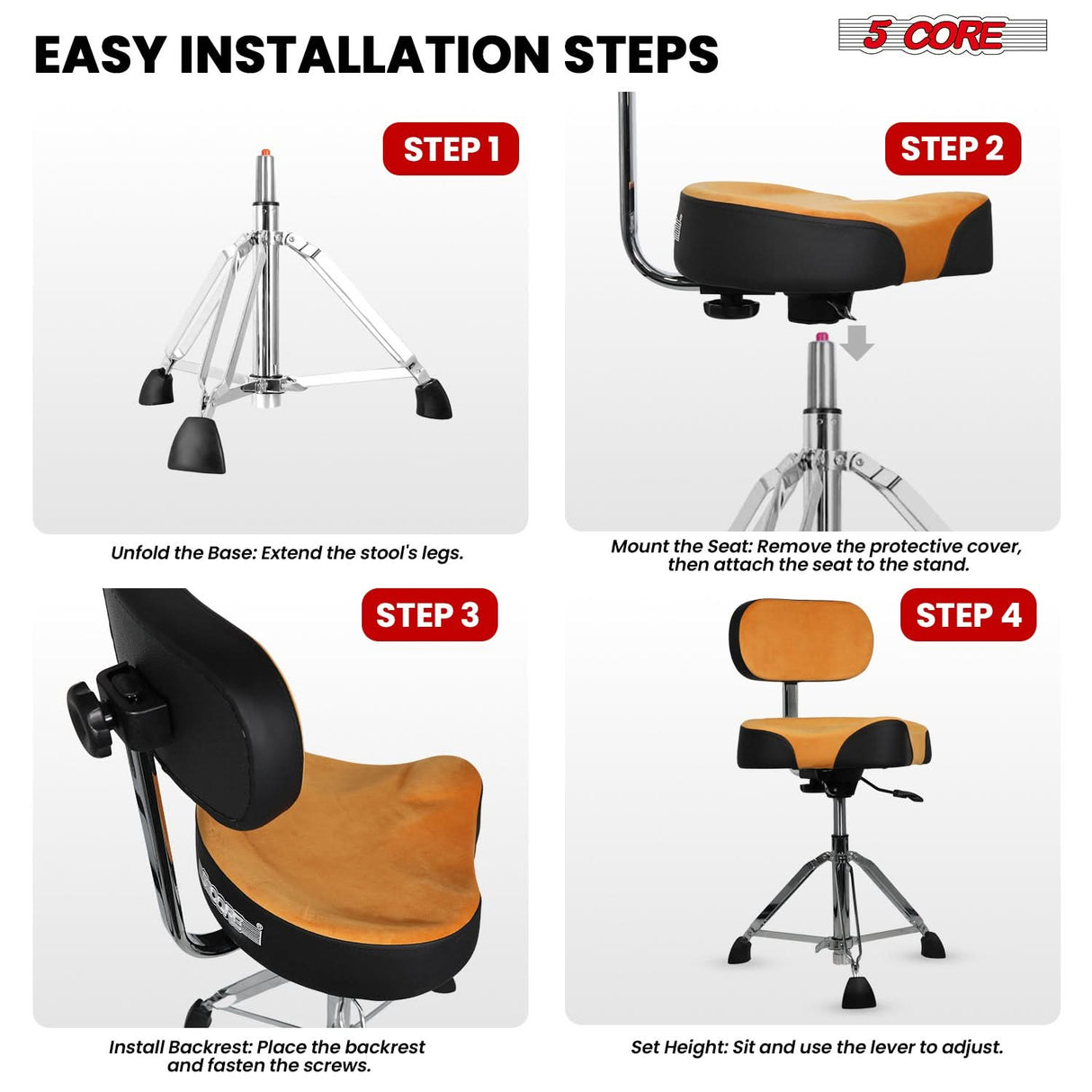 5 Core Drum Throne w Backrest 4" Padded Stool Airlift 25" Adjustable Drummer Stool 441Lb Capacity