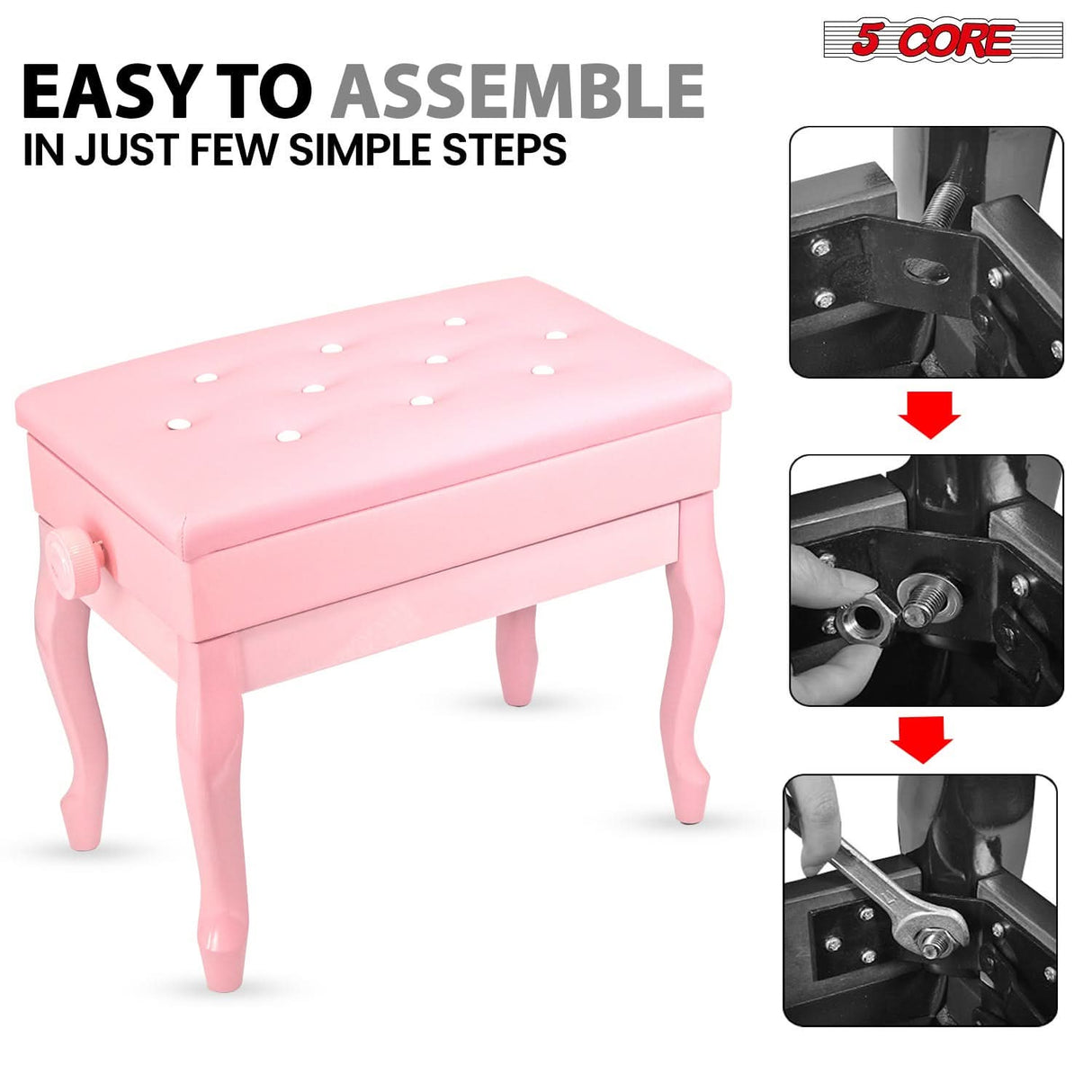 5 Core Piano Bench 3" Padded Cushioned Stool Wooden Heavy Duty Adjustable Musician Chair w Storage