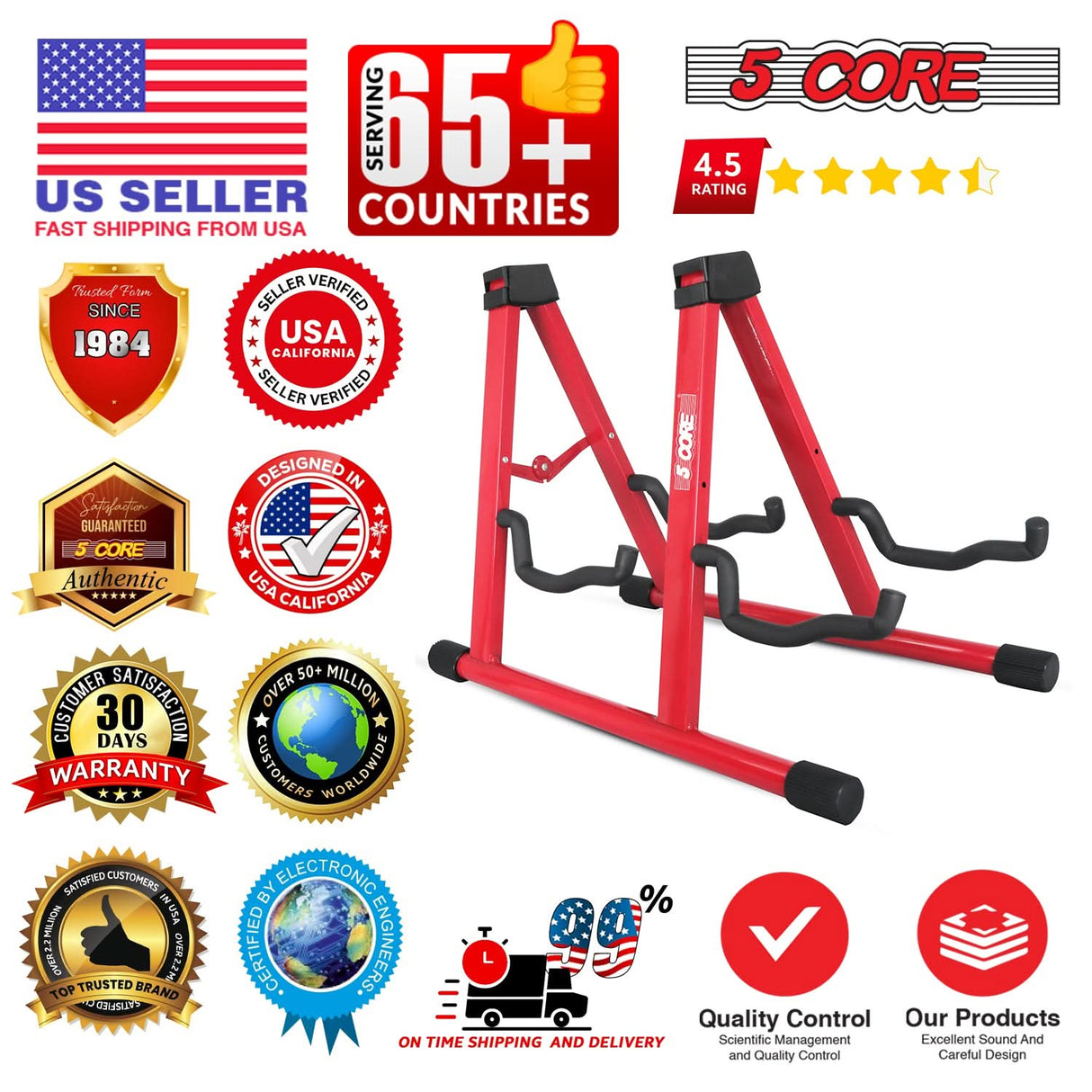 5 Core Double Guitar Stand A Frame Shape w Foam Arms Supports Acoustic Electric Bass Ukulele Banjo