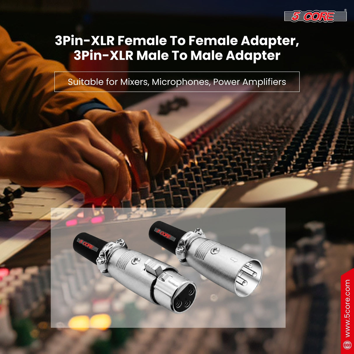 5Core XLR Connector Male Female to 1/4 Audio Jack 3 Pin Secure Mic Plug w Locking Ends