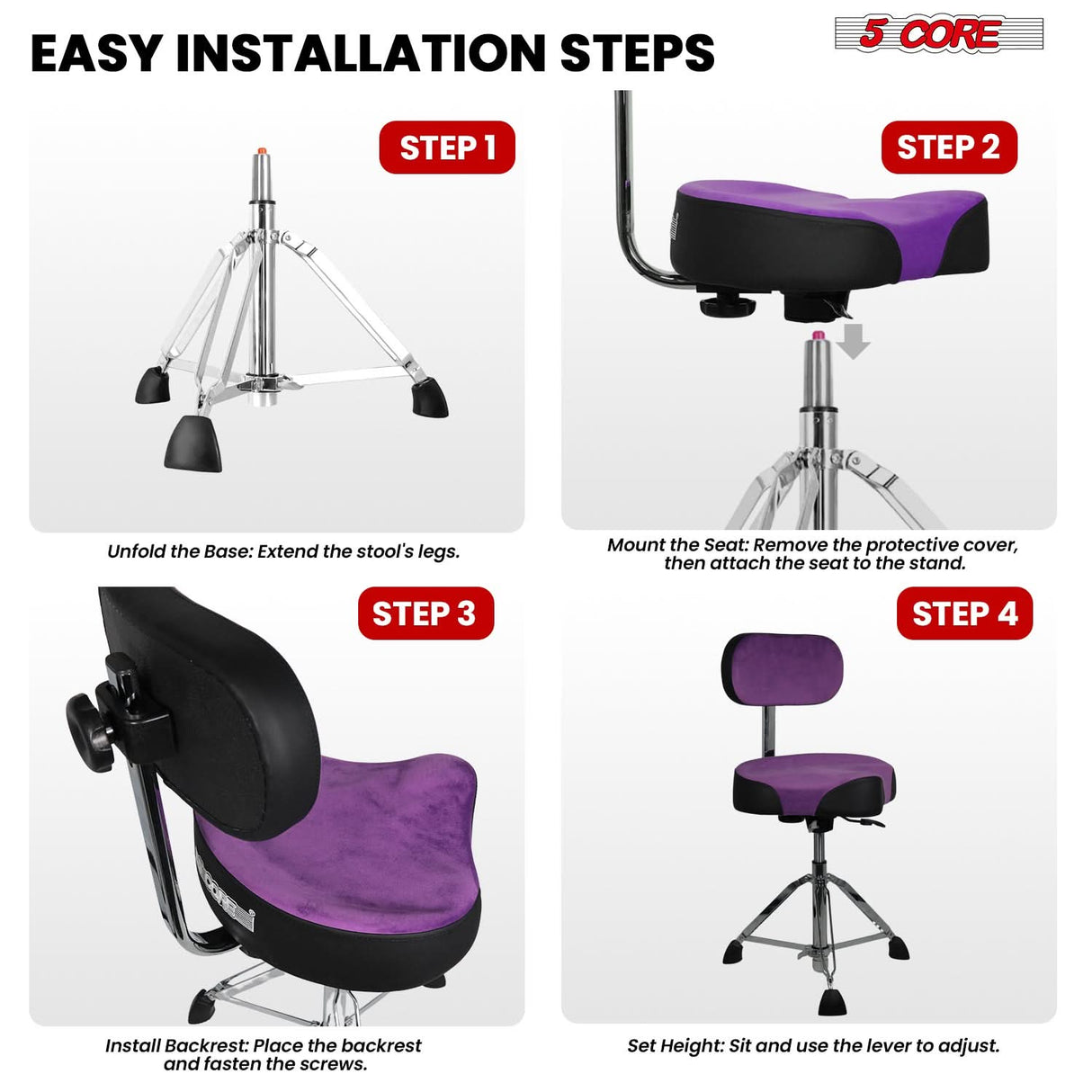 5 Core Drum Throne w Backrest 4" Padded Stool Airlift 25" Adjustable Drummer Stool 441Lb Capacity