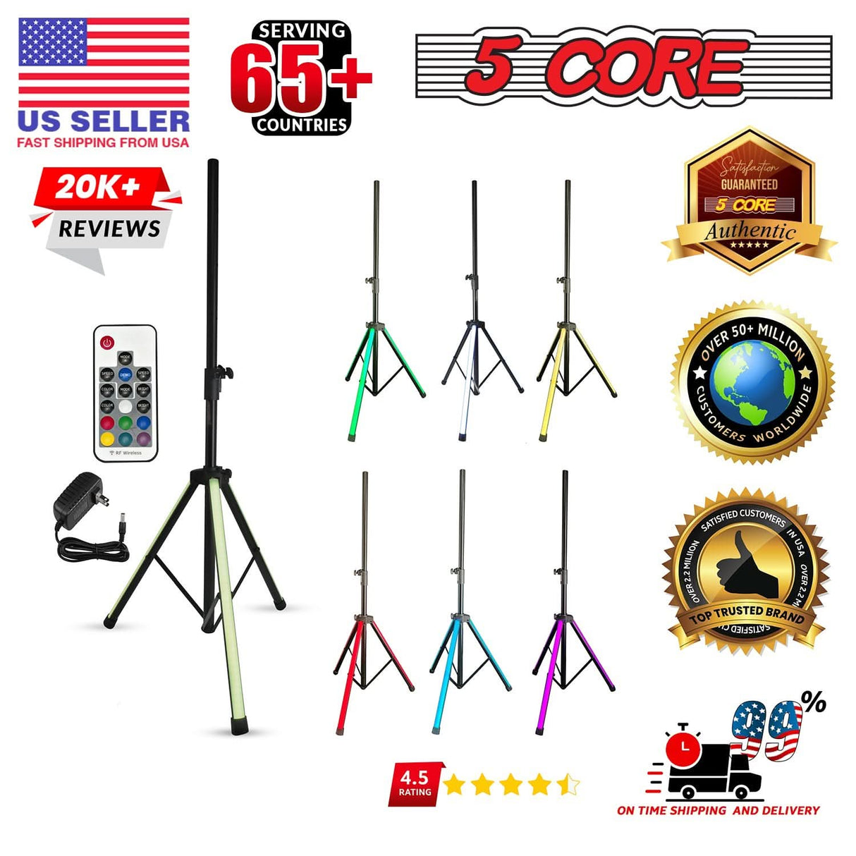 5Core Speaker Stand 2Pcs Tripod w RGB Lights Adjustable 72 Inch DJ Studio Monitor Stands