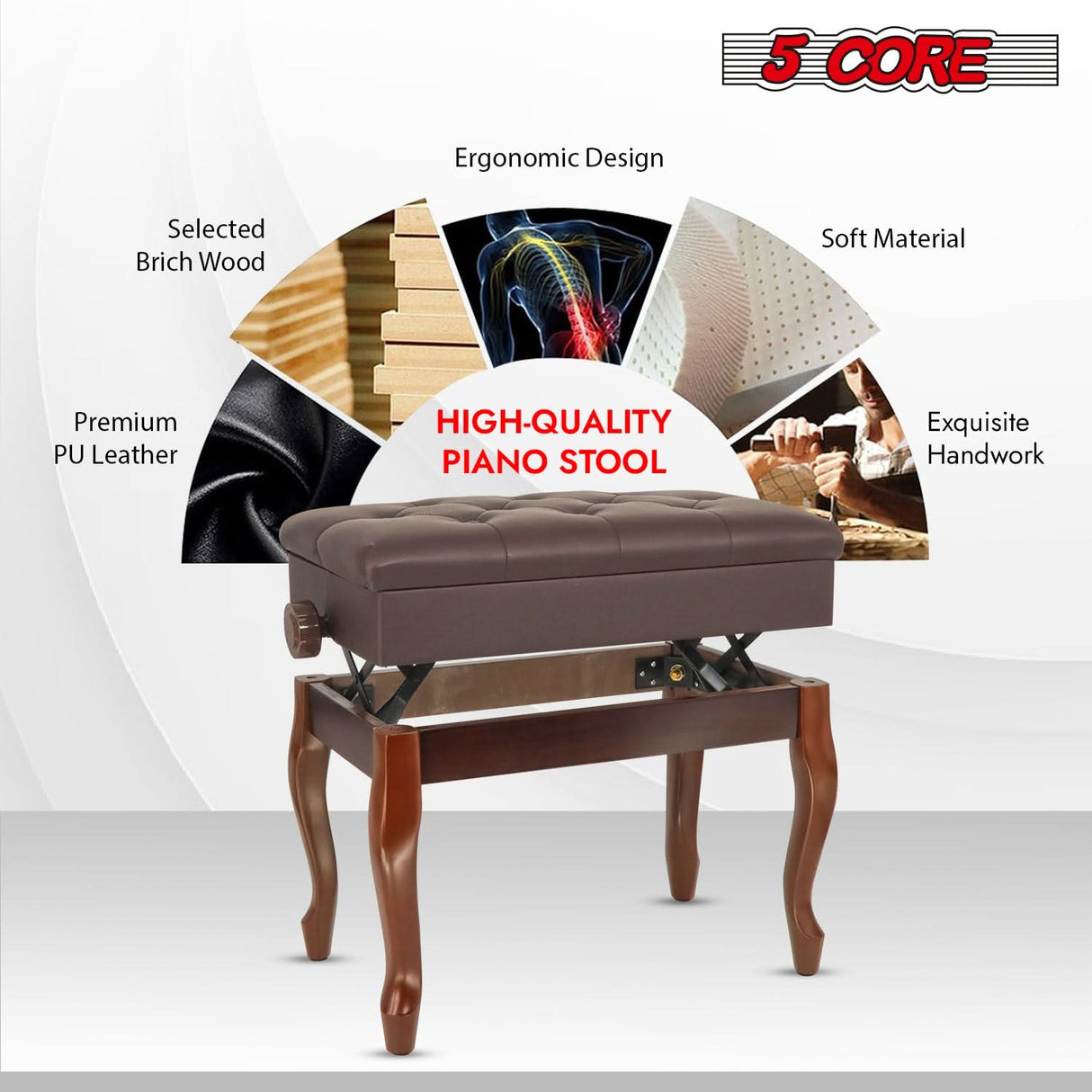 5 Core Piano Bench 3" Padded Cushioned Stool Wooden Heavy Duty Adjustable Musician Chair w Storage