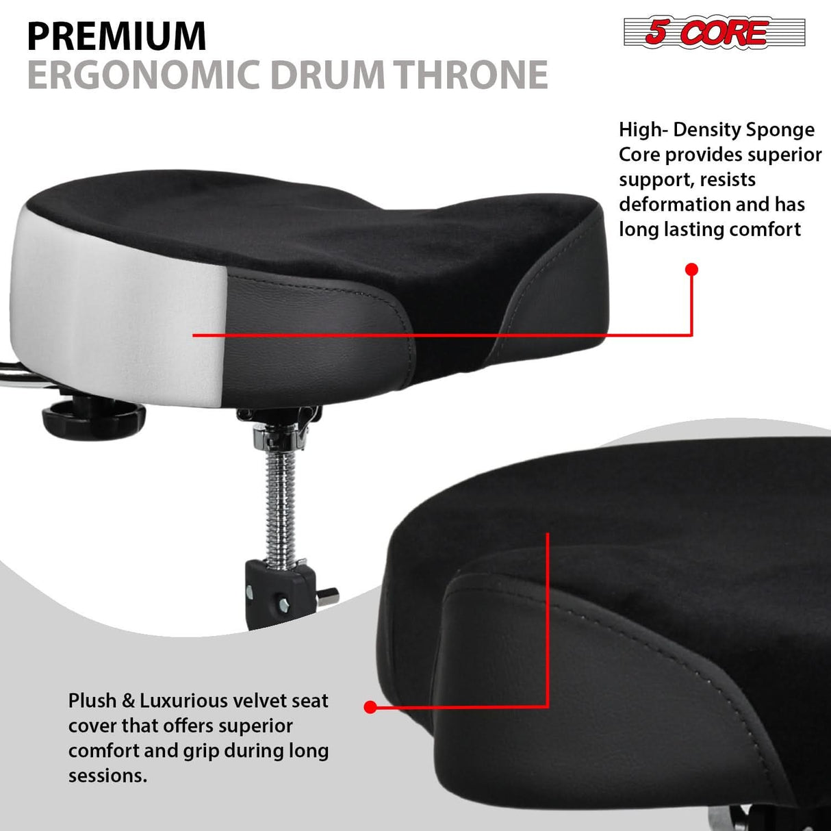 5 Core Drum Throne w Backrest 4" Padded Adjustable 26.5" Drummer Chair w Velvet Top 441Lb Capacity