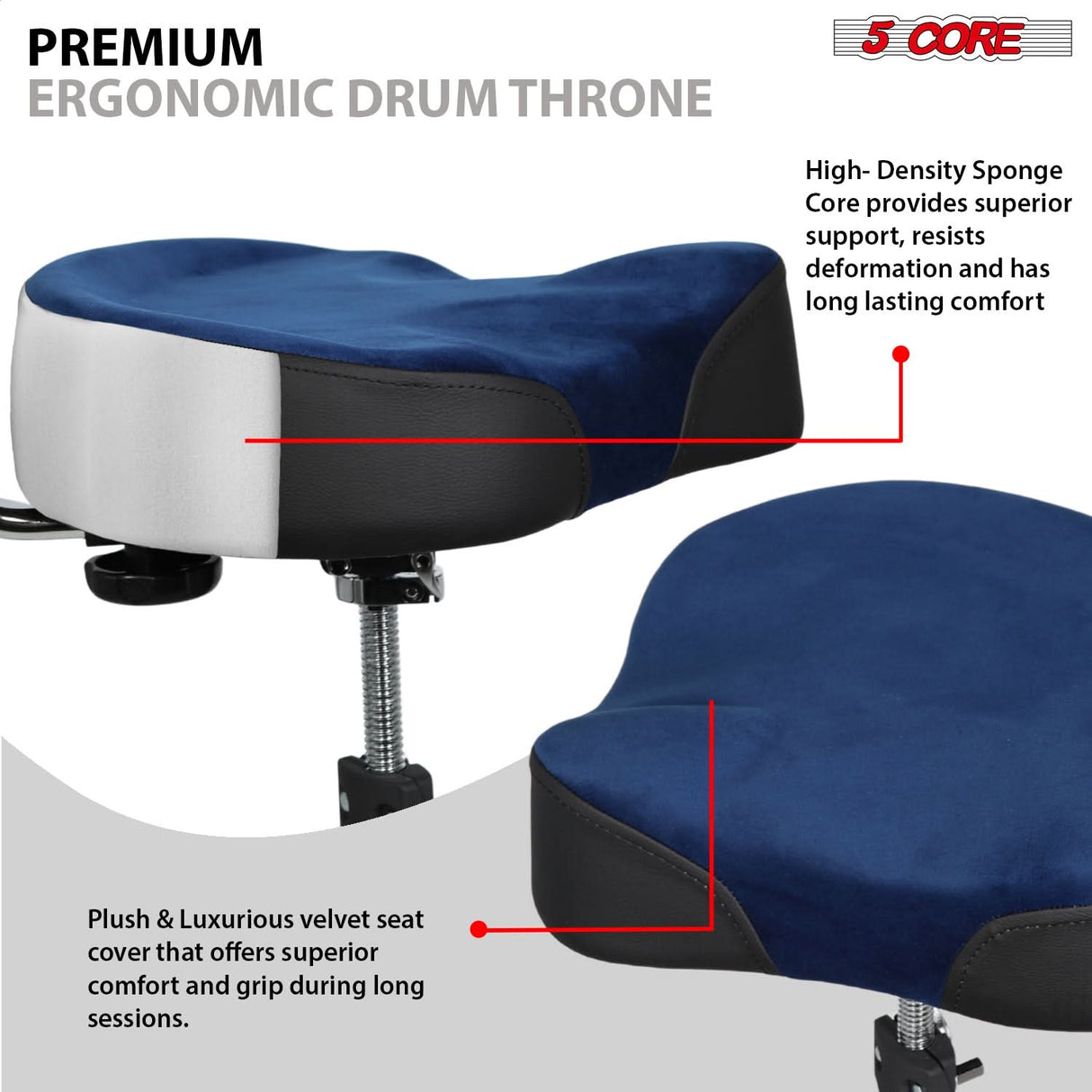 5 Core Drum Throne w Backrest 4" Padded Adjustable 26.5" Drummer Stool w Velvet Top 441Lb Capacity