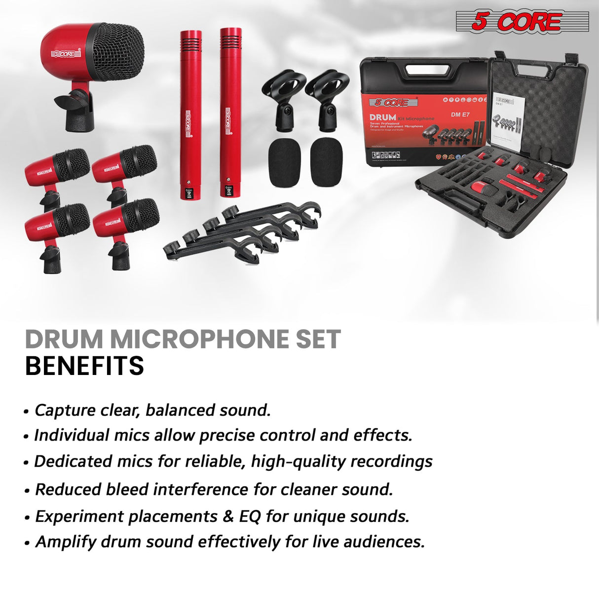 5 Core Drum Microphone Kit 7Pc All Metal Drummer Mics Tom/Snare & Cymbals Wired Instrument Drums Set