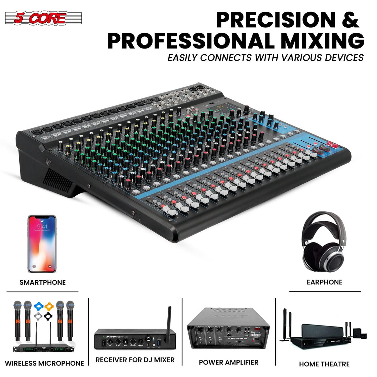 5 Core Audio Mixer 20 Channel DJ Soundboard USB Interface Bluetooth Mixing Console w 24 SPX Effect