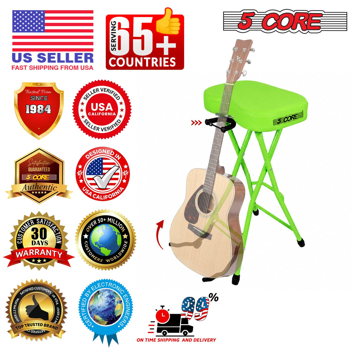 5Core Guitar Stool 3.15" Padded Chair Foldable Heavy Duty Music Seat Built in Foot Rest Guitar Stand