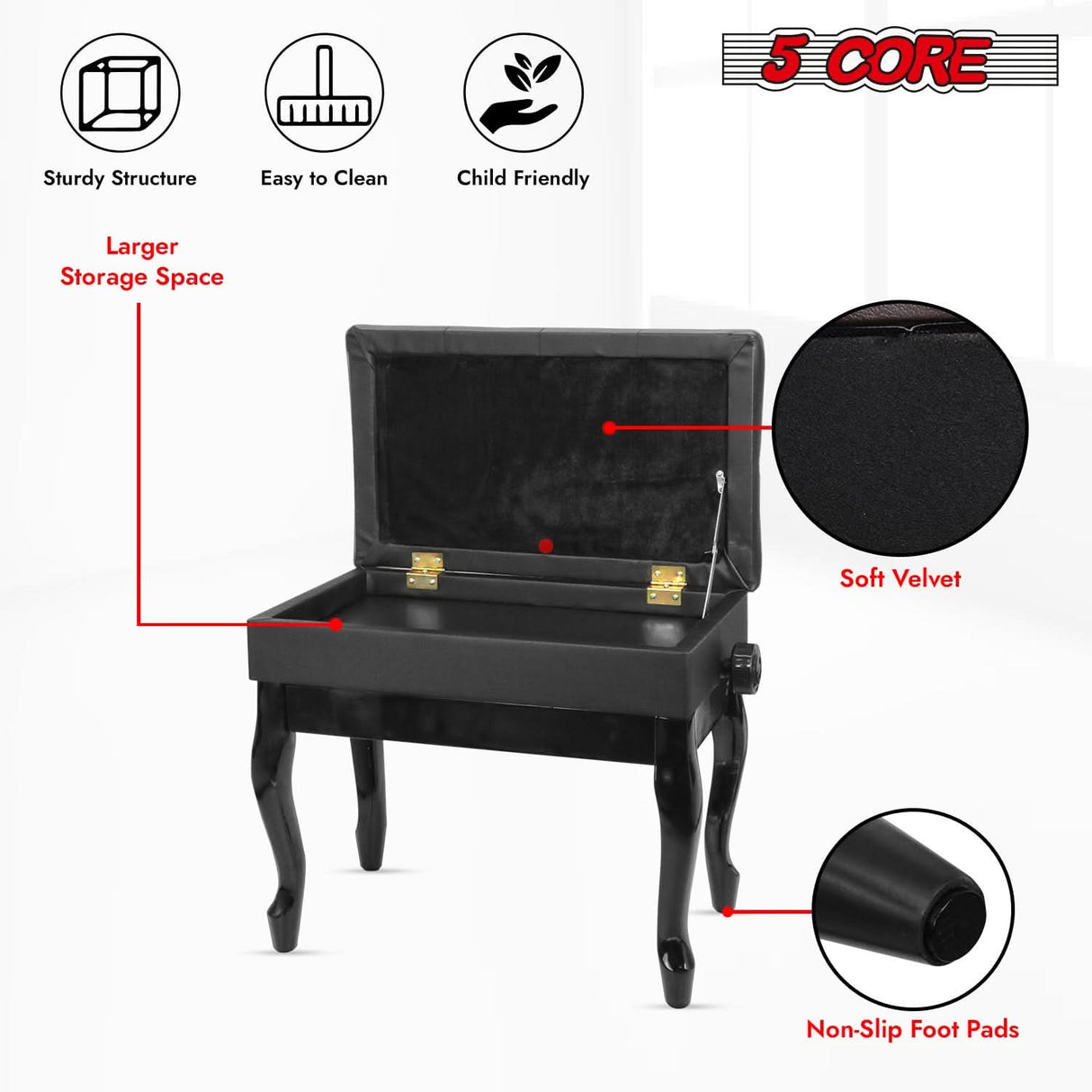 5 Core Piano Bench 3" Padded Cushioned Stool Wooden Heavy Duty Adjustable Musician Chair w Storage