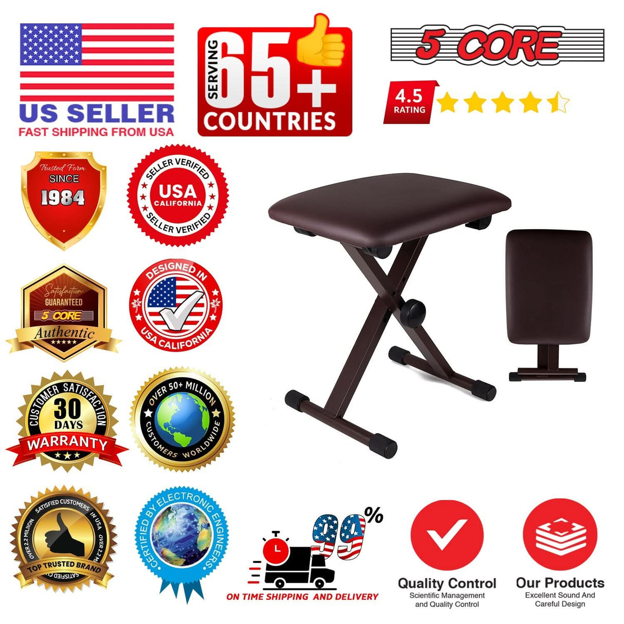 5 Core Keyboard Bench 2 Inch Padded Cushioned Piano Stool Height Adjustable 19" Guitar Seat Portable