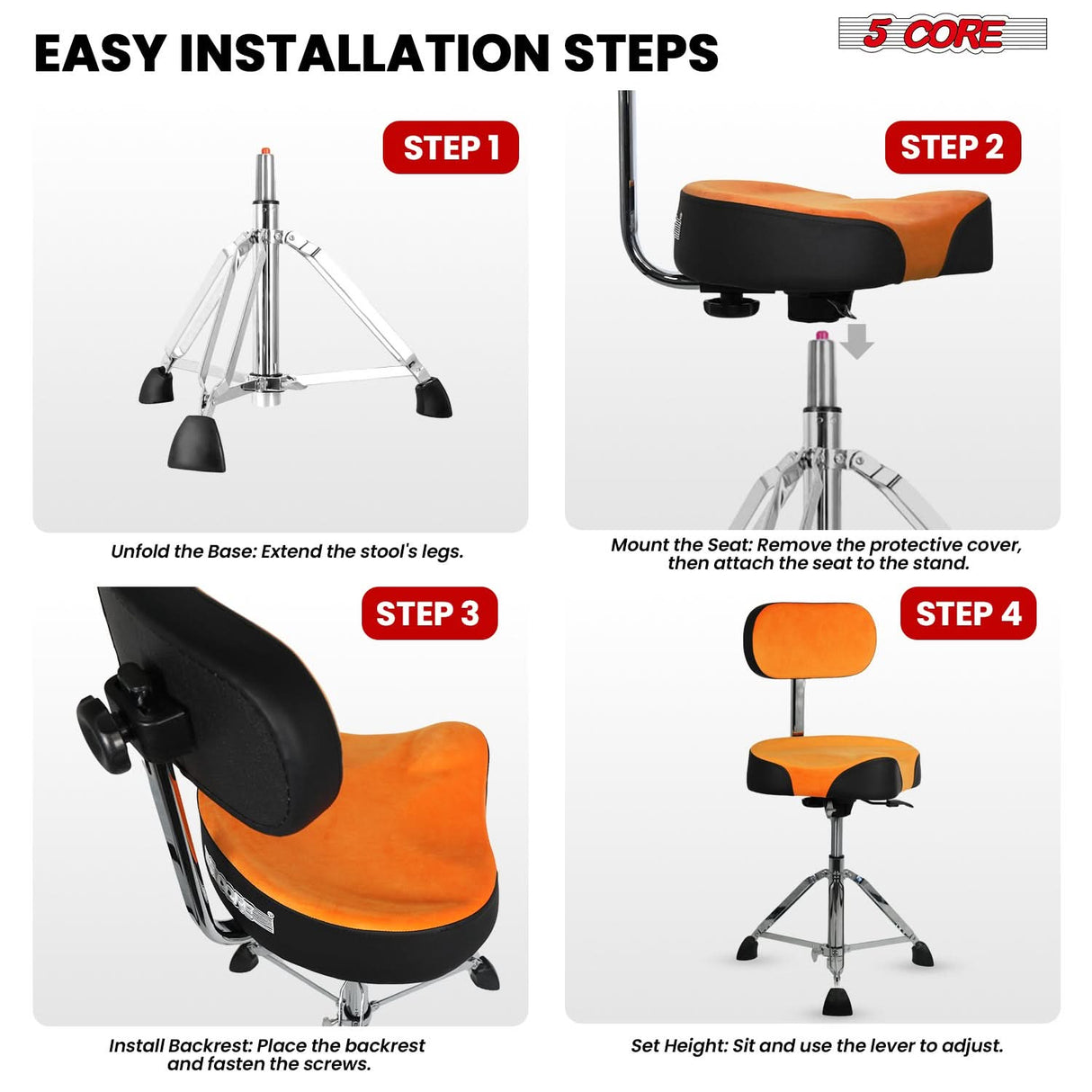 5 Core Drum Throne w Backrest 4" Padded Stool Airlift 25" Adjustable Drummer Stool 441Lb Capacity