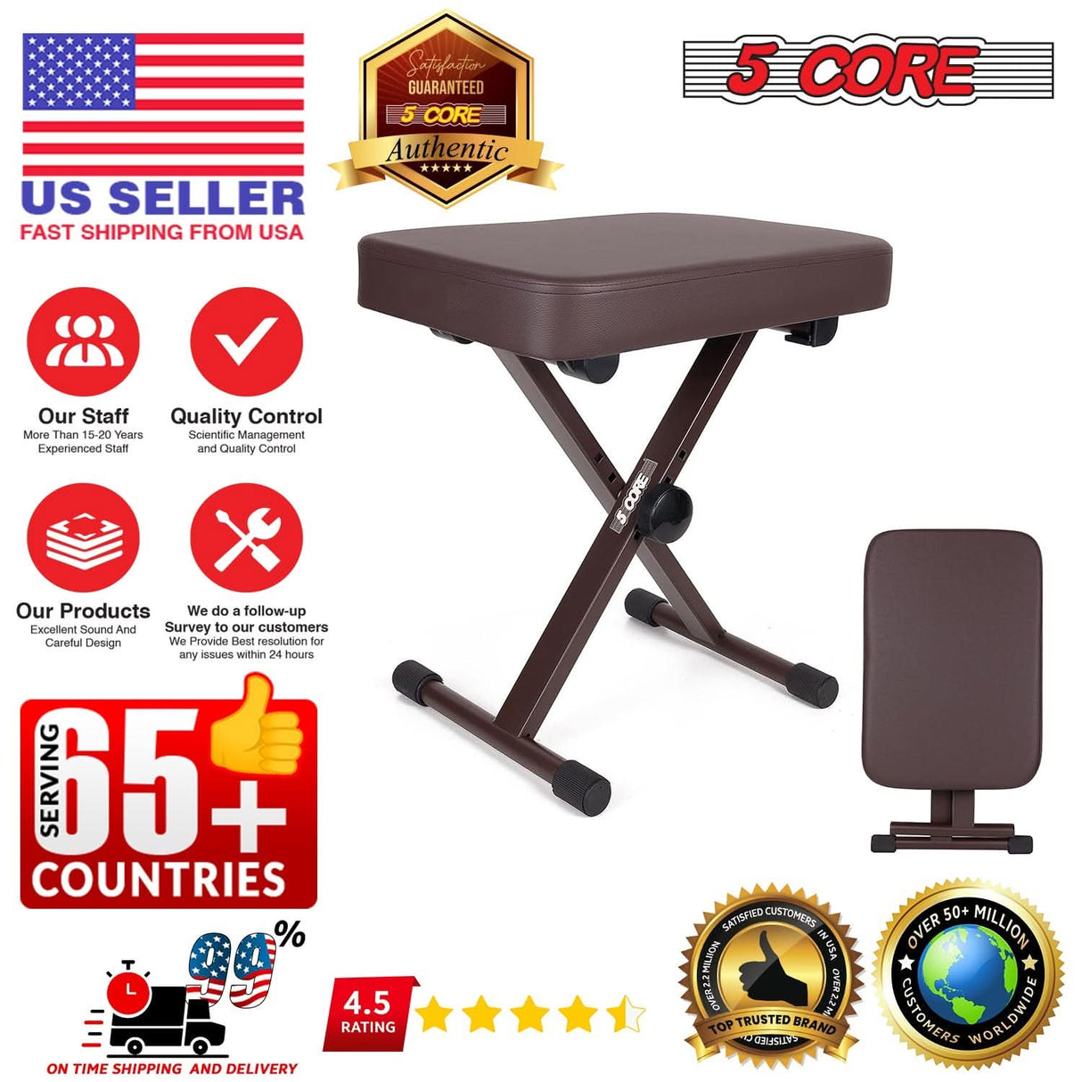 5 Core Keyboard Bench 3" Padded Cushioned Piano Stool Height Adjustable Guitar Seat Folding Portable