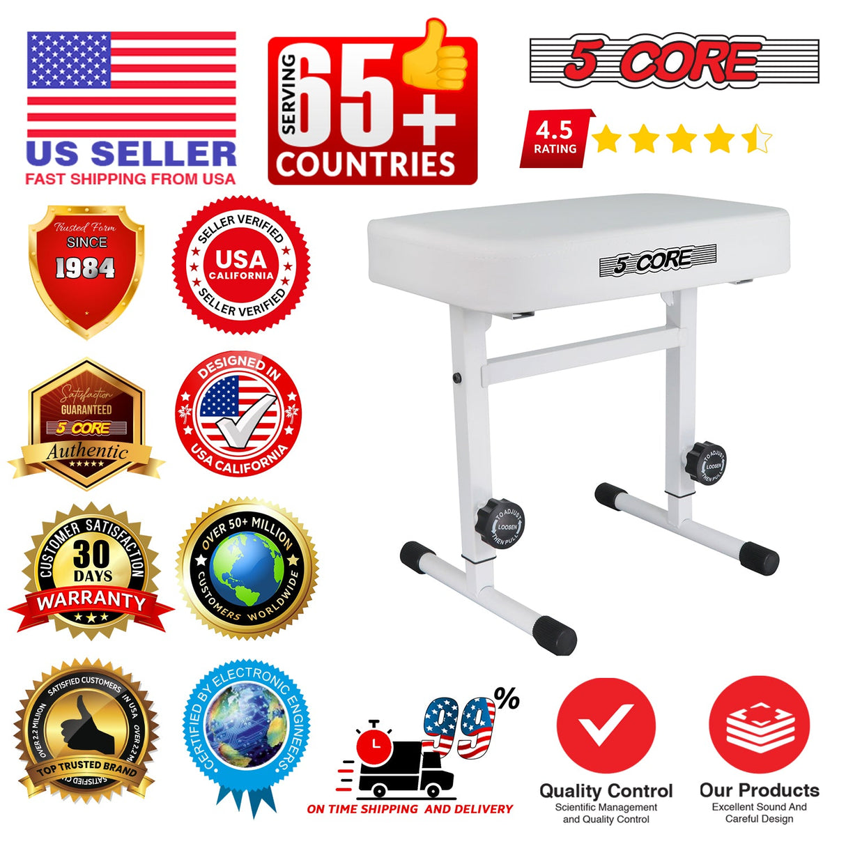 5 Core Keyboard Bench 3" Padded Cushioned Piano Stool Height Adjustable Guitar Seat Folding Portable