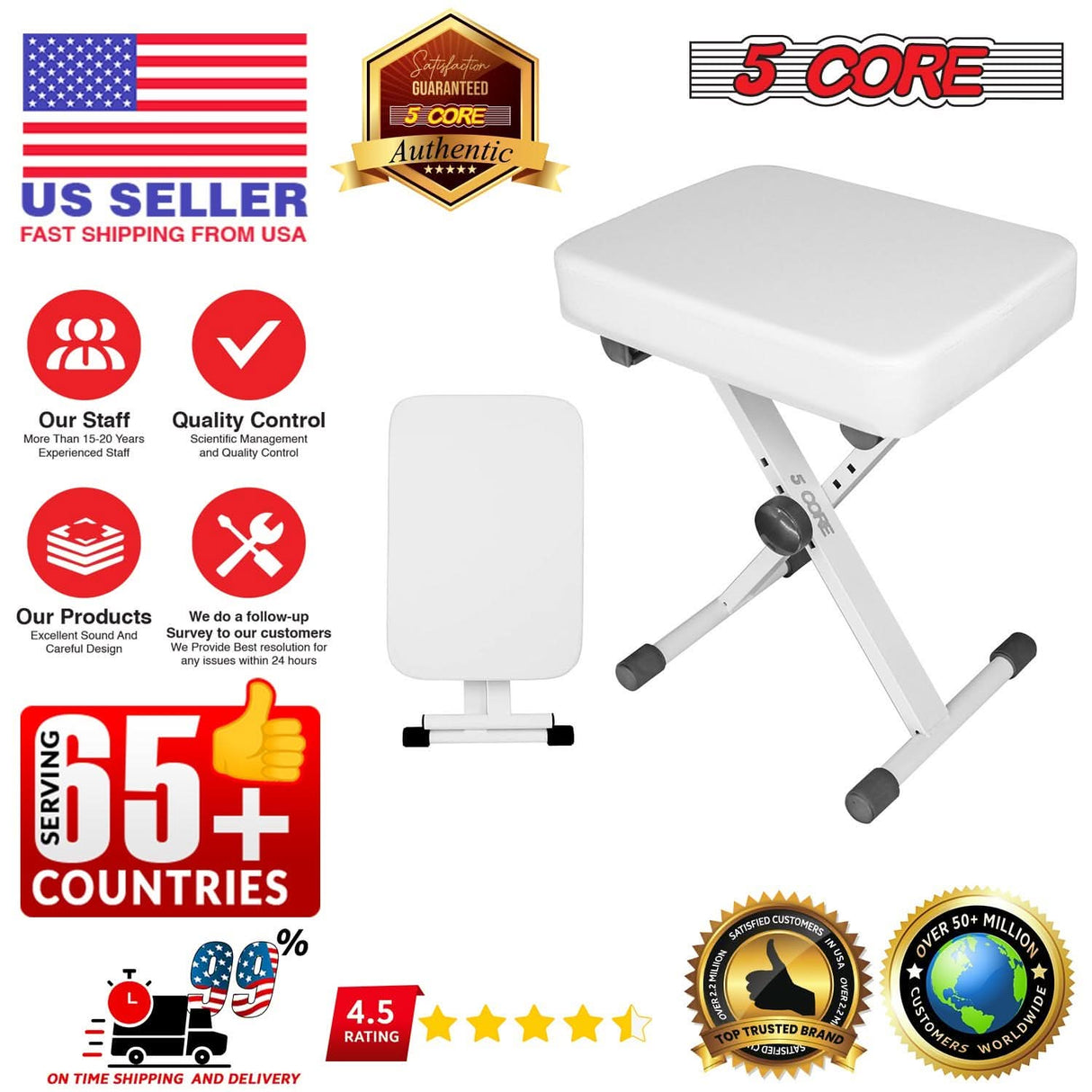 5 Core Keyboard Bench 3" Padded Cushioned Piano Stool Height Adjustable Guitar Seat Folding Portable