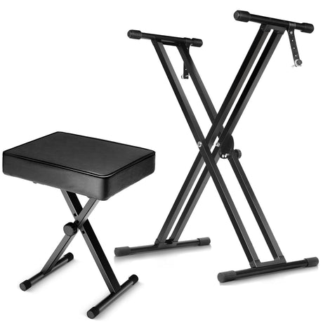 5Core black double X style adjustable keyboard stand with piano bench for 49 to 88 keys