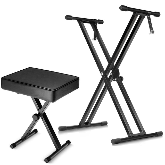 5Core black double X style adjustable keyboard stand with piano bench for 49 to 88 keys