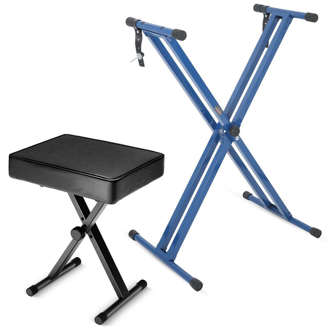 5Core keyboard stand double X style adjustable piano riser BLUE with black bench