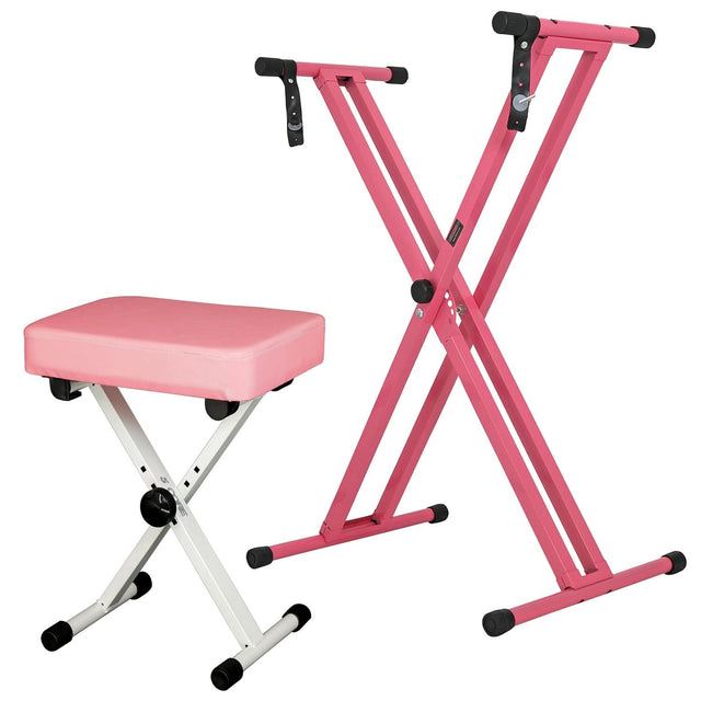 5Core keyboard stand double X style adjustable piano riser with keyboard bench PINK