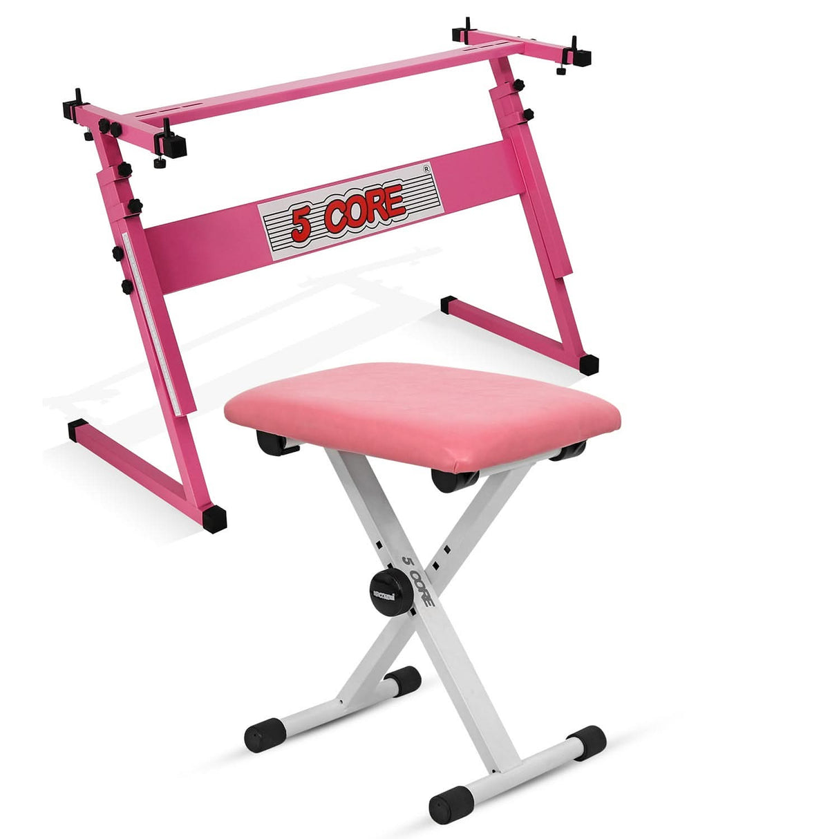 5Core pink Z style keyboard stand with adjustable piano riser and bench