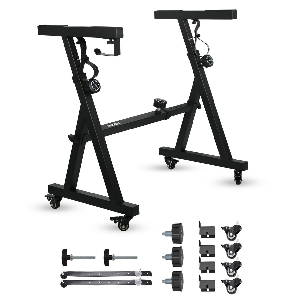 Black adjustable work stand with accessories
