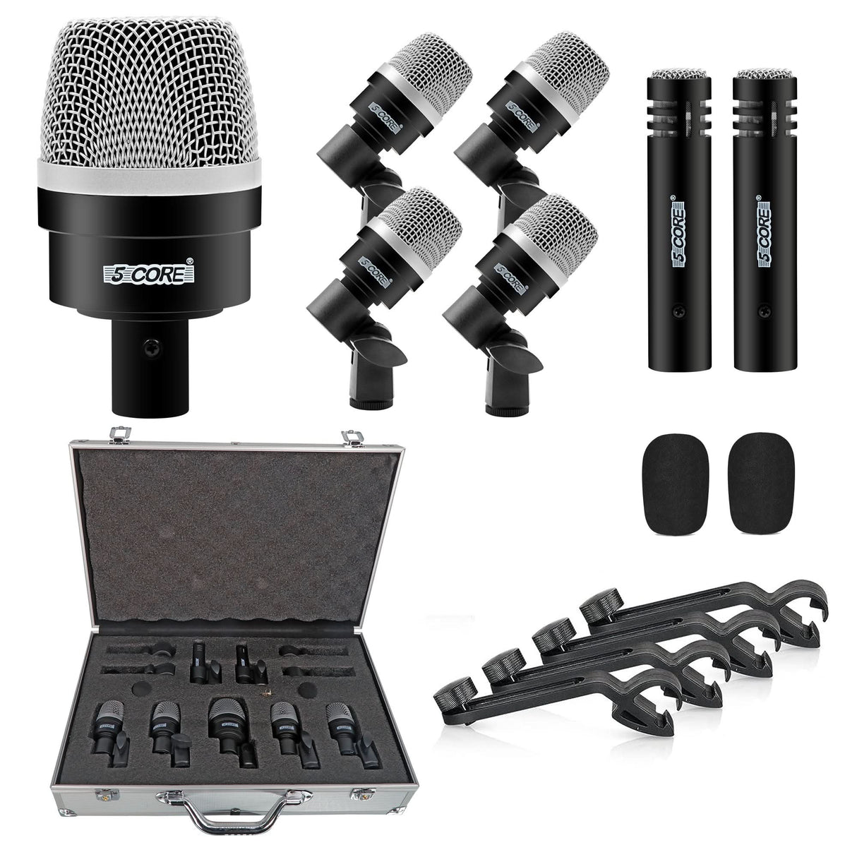 5Core Drum Mic Kit 7 Pcs Kick BassTom Snare Dynamic Microphone Instrument Mics Set Black