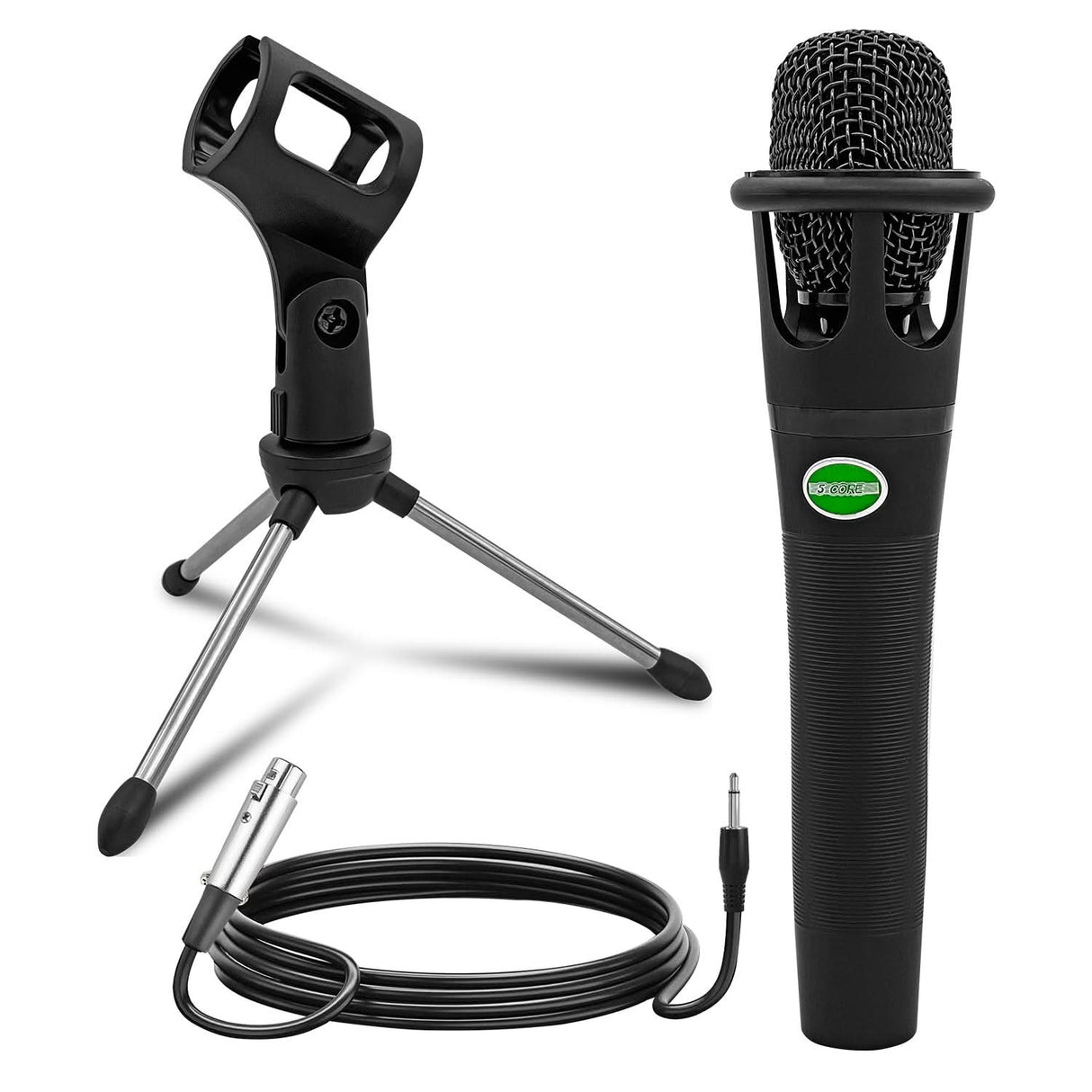 Black microphone with stand, cable, and additional accessories