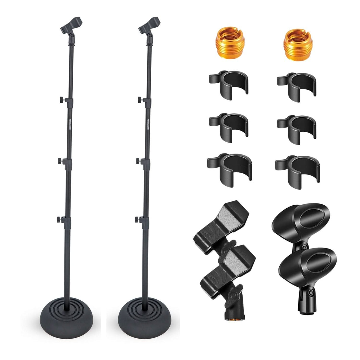 Two black microphone stands with accessories