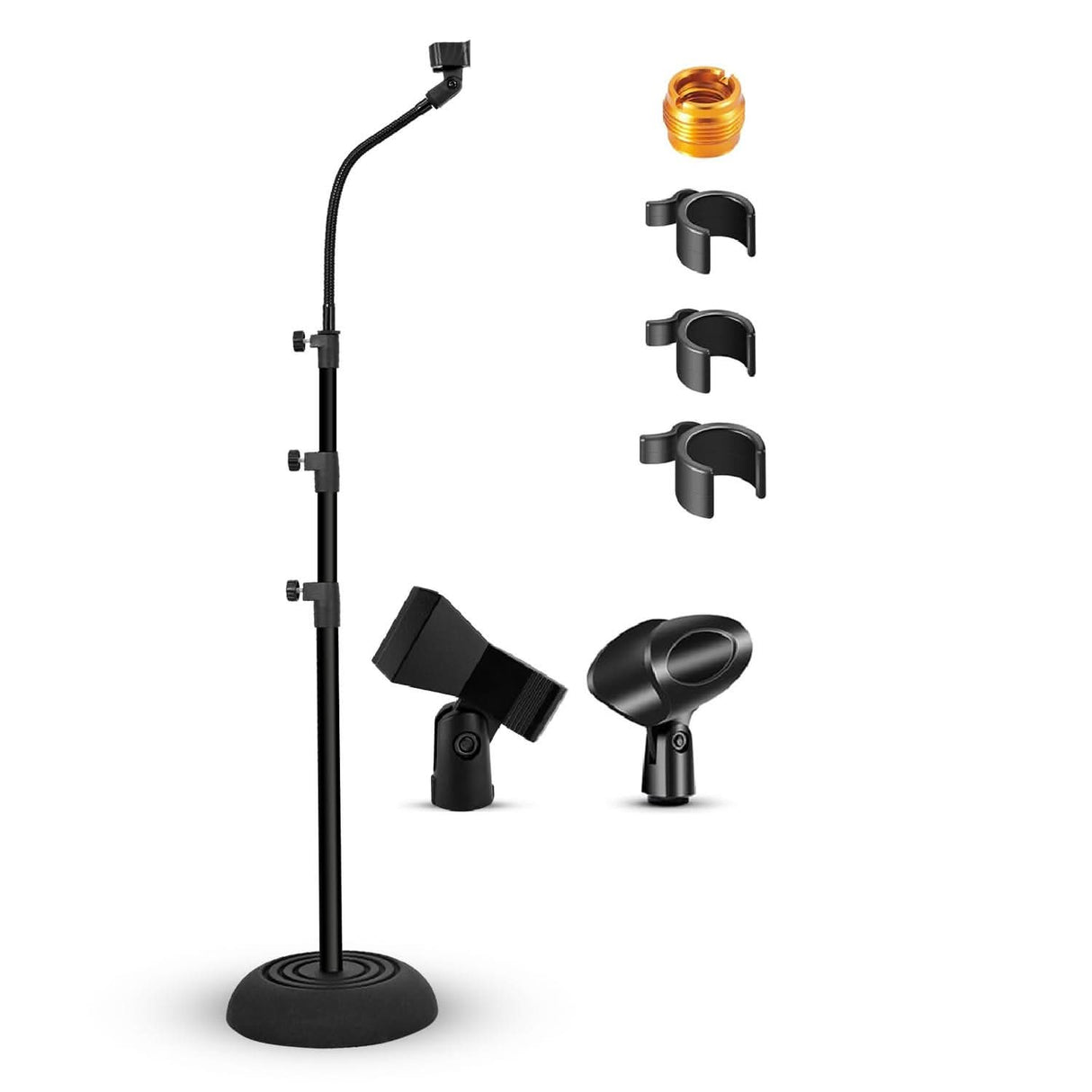 5Core adjustable floor mic stand with heavy-duty gooseneck, universal microphone stand, round base