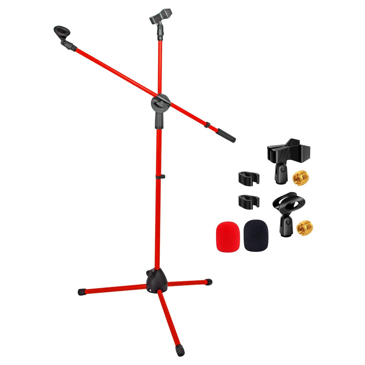 Red and black adjustable stand with accessories