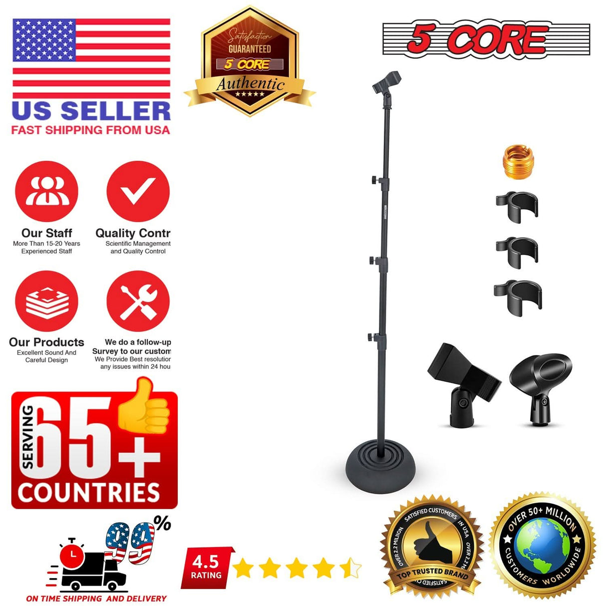 5Core Mic Stand Pair Floor Adjustable Universal Heavy Duty Microphone Stands Round Base Soporte De micrófono