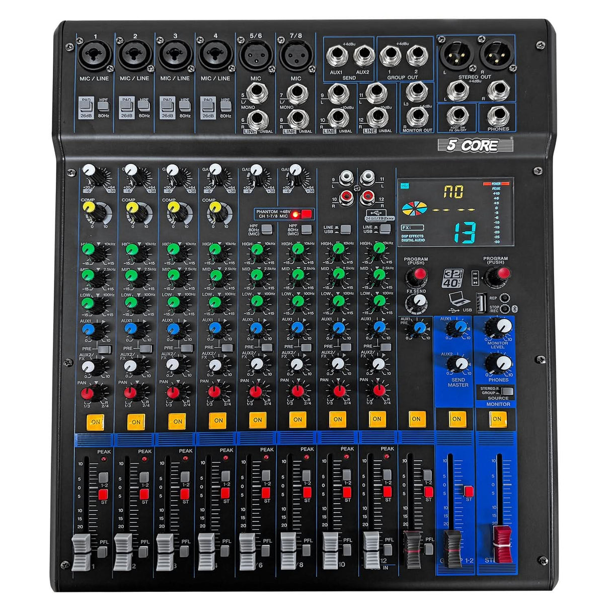 5 Core Audio Mixer 12 Channel DJ Soundboard USB Interface Bluetooth Mixing Console w 99 DSP Effect