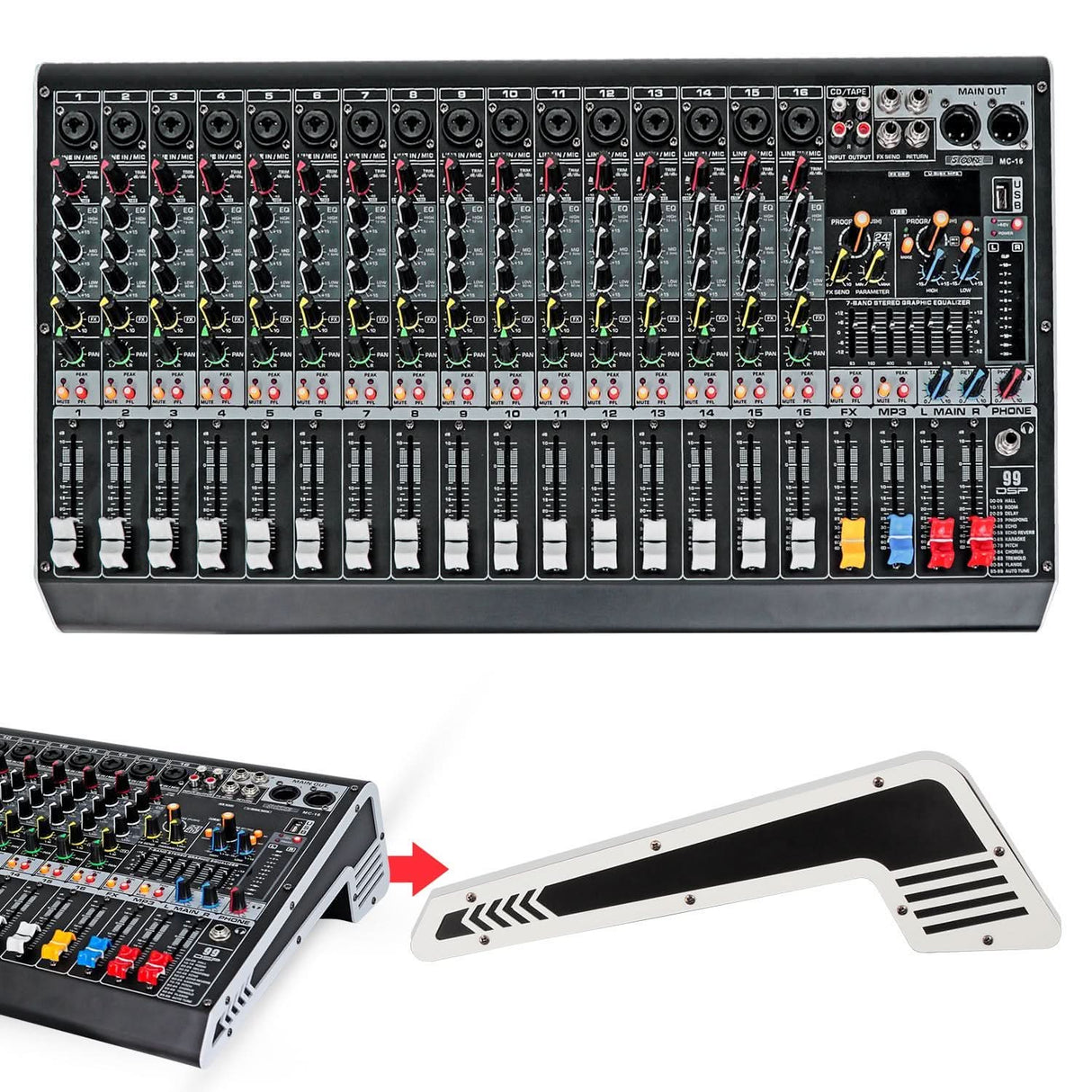 5Core 16-channel audio mixer with Bluetooth, USB, and analog professional DJ mixing board