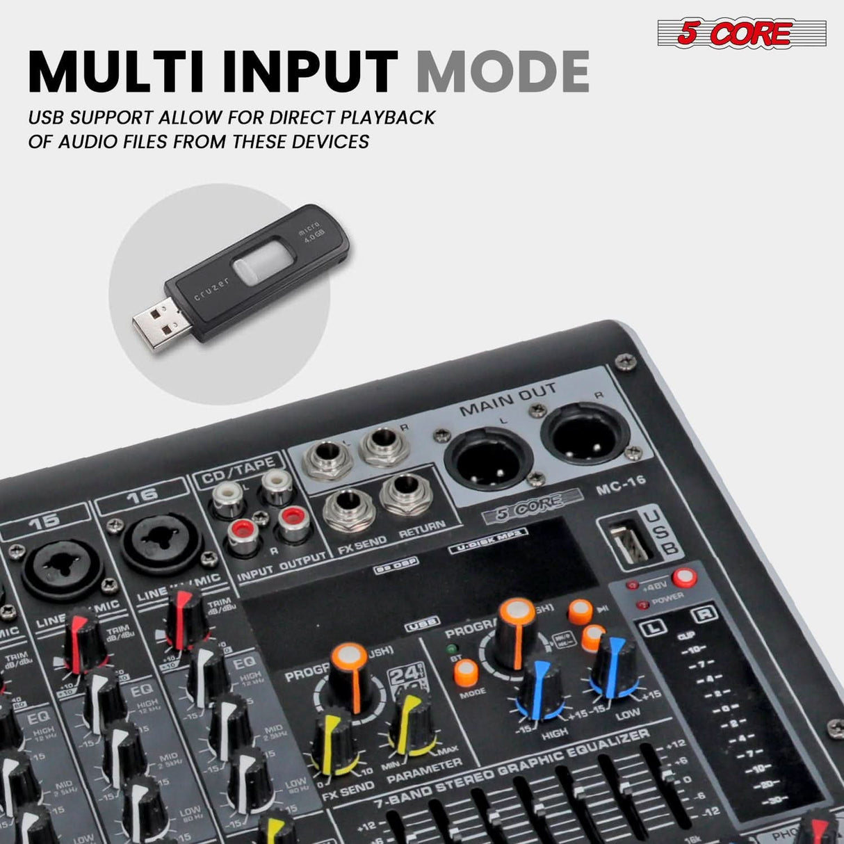 5Core 16-channel audio mixing board for DJs with Bluetooth, USB, and professional analog mixing features