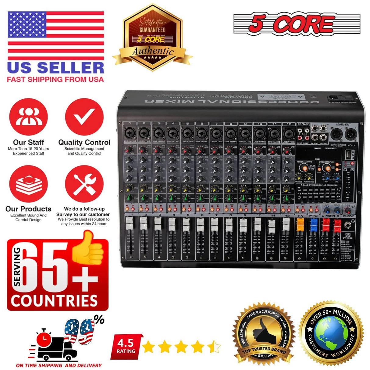 5 Core Audio Mixer 12 Channel DJ Equipment with Bluetooth USB Console Sound Board