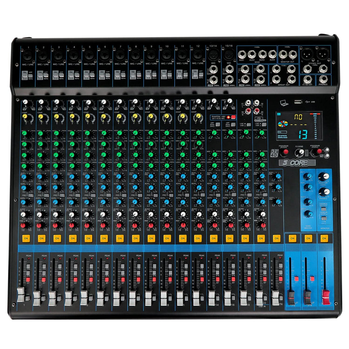5 Core Audio Mixer 20 Channel DJ Soundboard USB Interface Bluetooth Mixing Console w 24 SPX Effect
