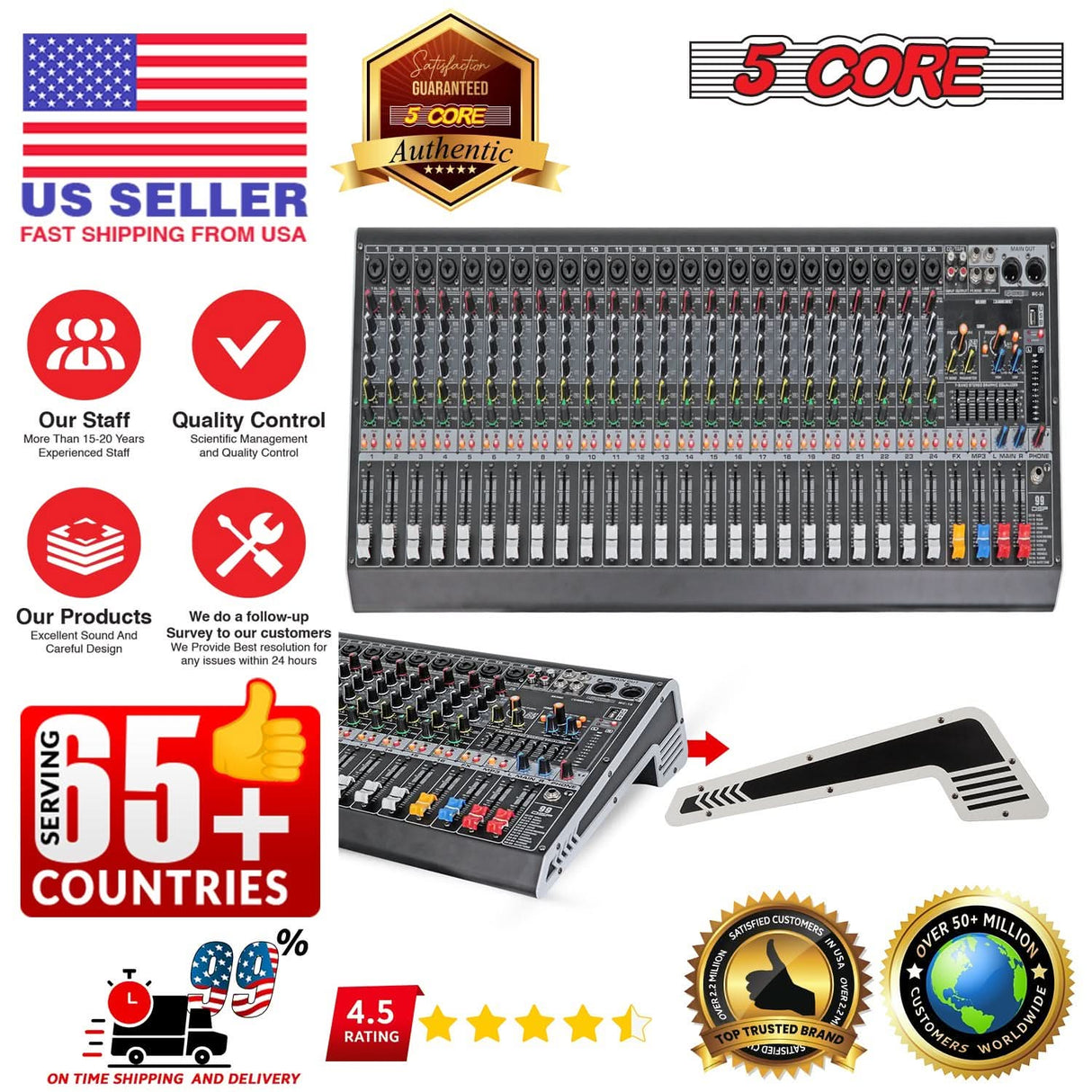 5 Core Audio Mixer 24 Channel DJ Sound Board w Bluetooth USB PC Recording PA Analog Mixing Interface