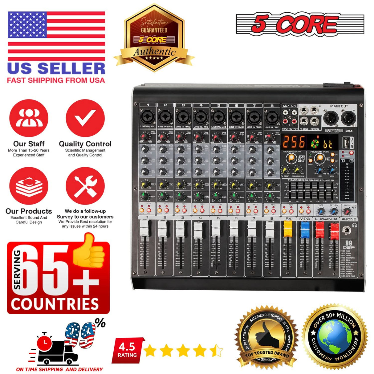 5 Core Audio Mixer 8 Channel DJ Soundboard USB Interface Bluetooth Mixing Console w 99 DSP Effect