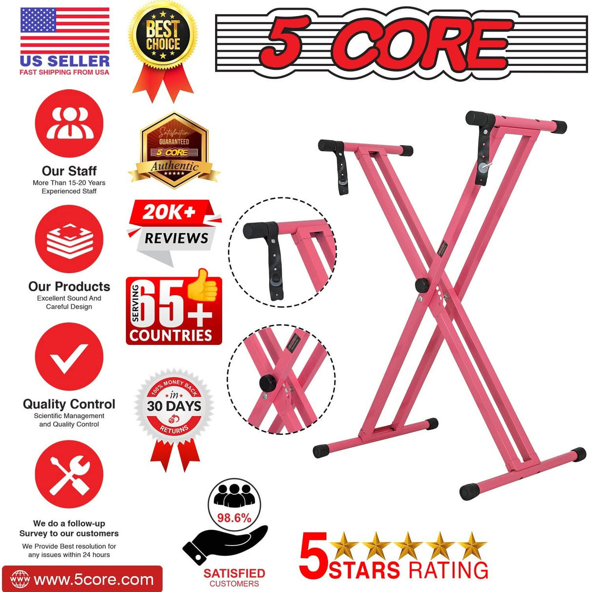 Baby Pink Double X Style Adjustable Lift Keyboard Stand Compatible with 49 to 88 Keyboards