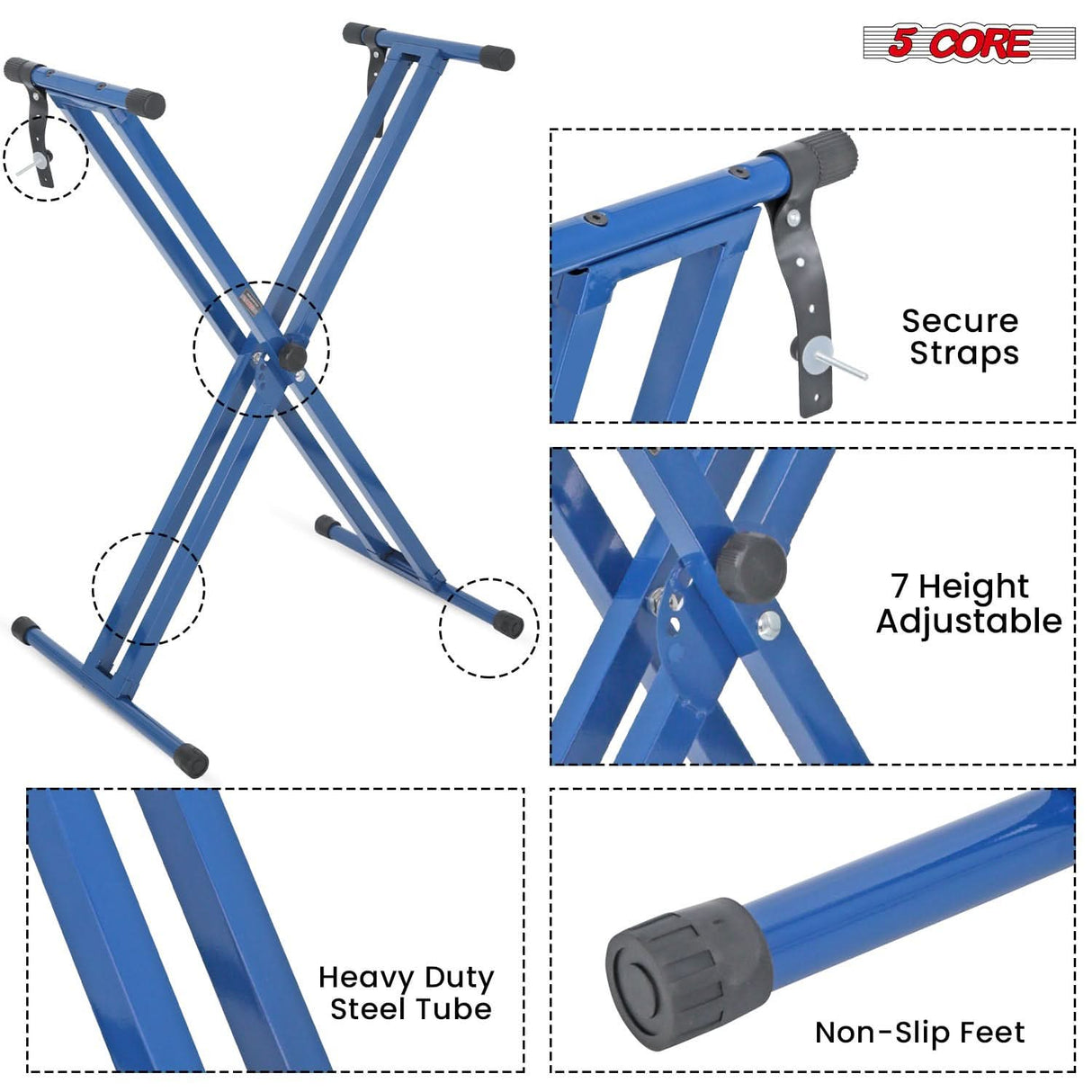 5Core blue keyboard stand double X lift riser for digital pianos