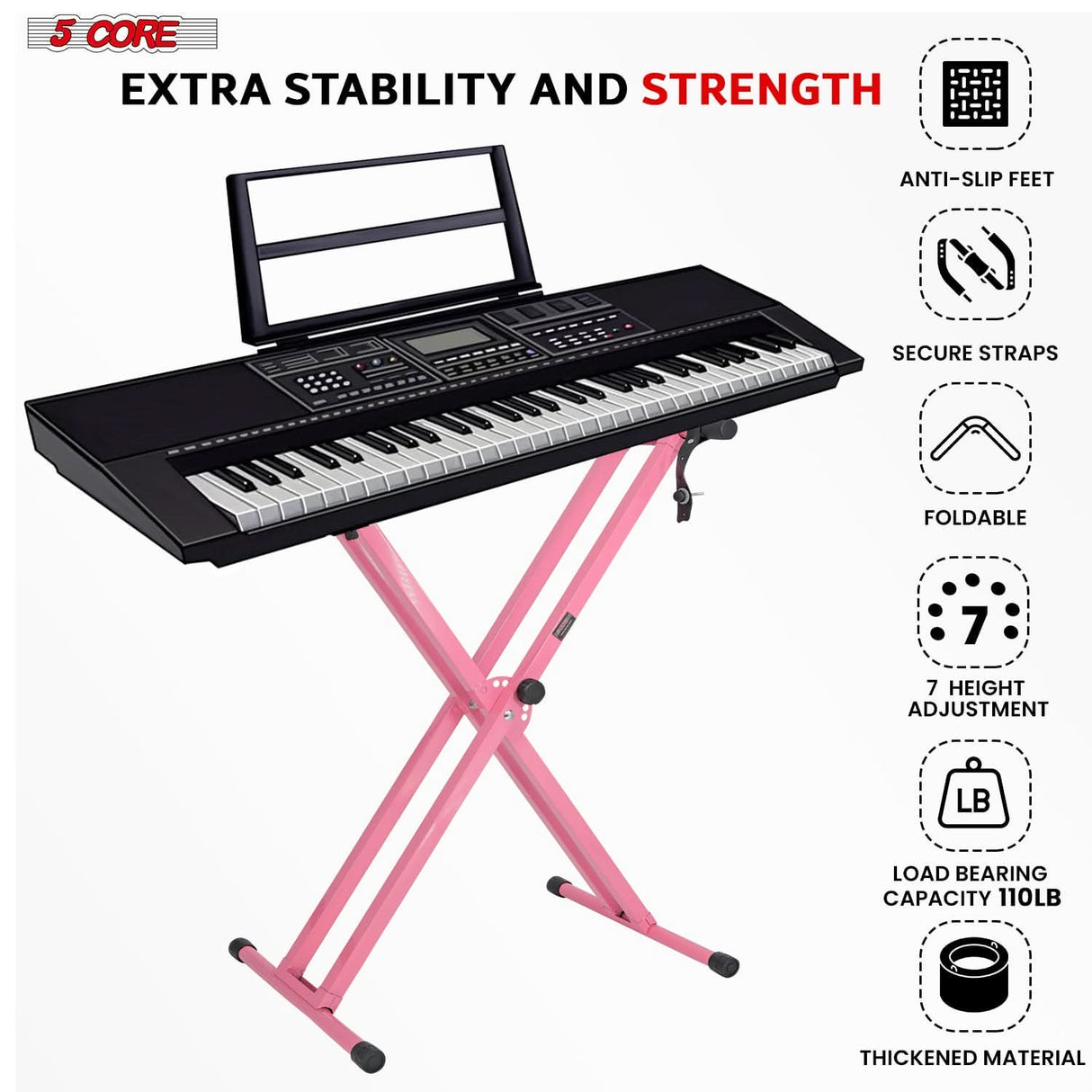 Double X piano stand in baby pink adjustable for various keyboard sizes