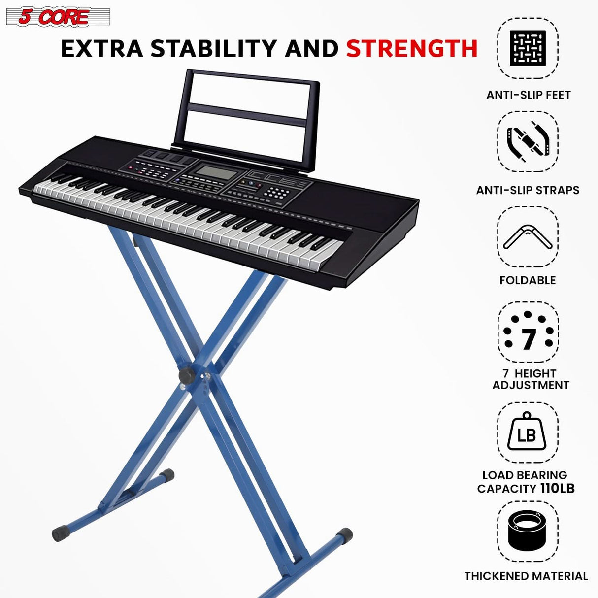 Blue adjustable double X piano stand for full-size keyboards by 5Core