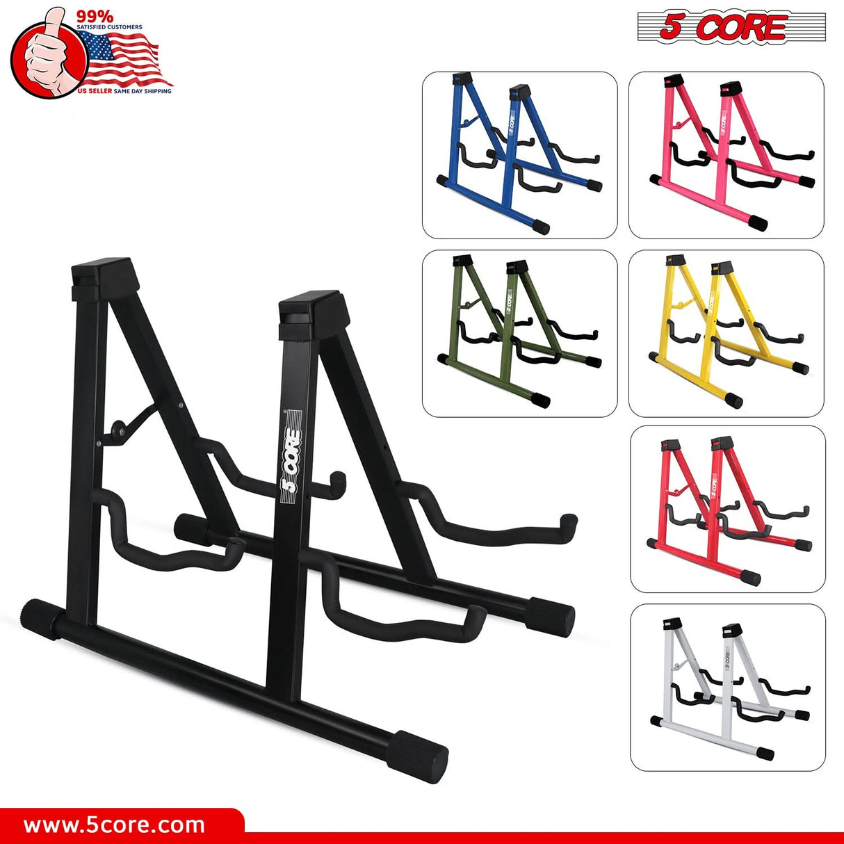 5 Core Double Guitar Stand A Frame Shape w Foam Arms Supports Acoustic Electric Bass Ukulele Banjo