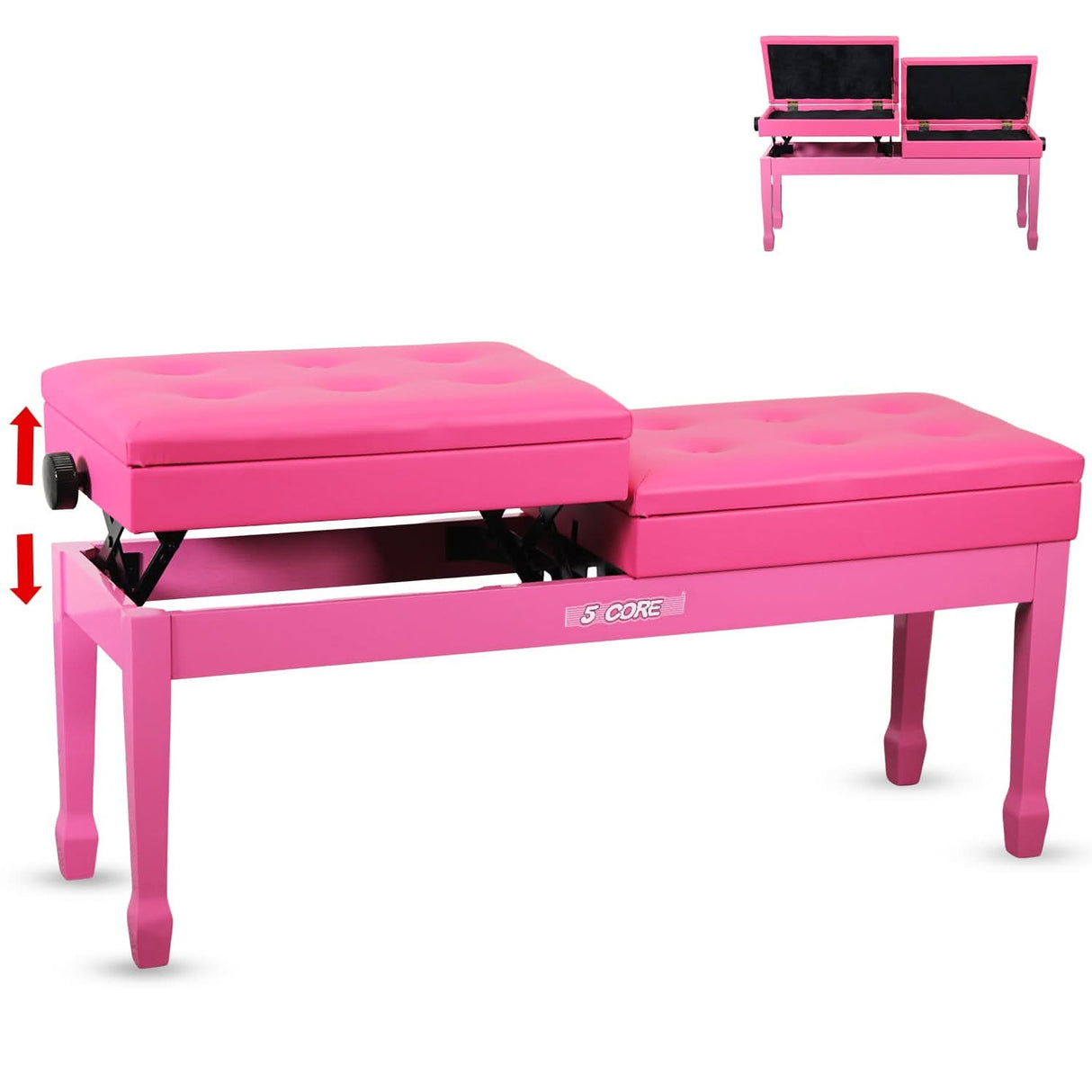 5 Core Duet Piano Bench 3.5 Inch Padded Cushioned Stool Wooden Heavy Duty Musician Chair w Storage