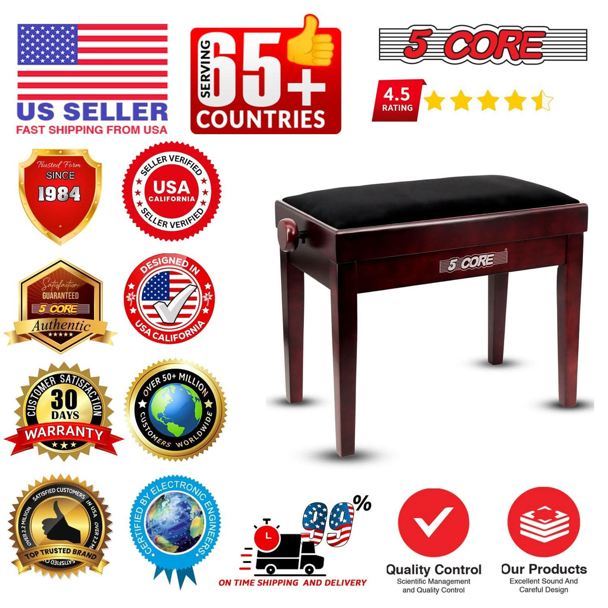 5 Core Adjustable Piano Bench Thick 3.25" Solid Wood Keyboard Stool Heavy Duty Musician Chair