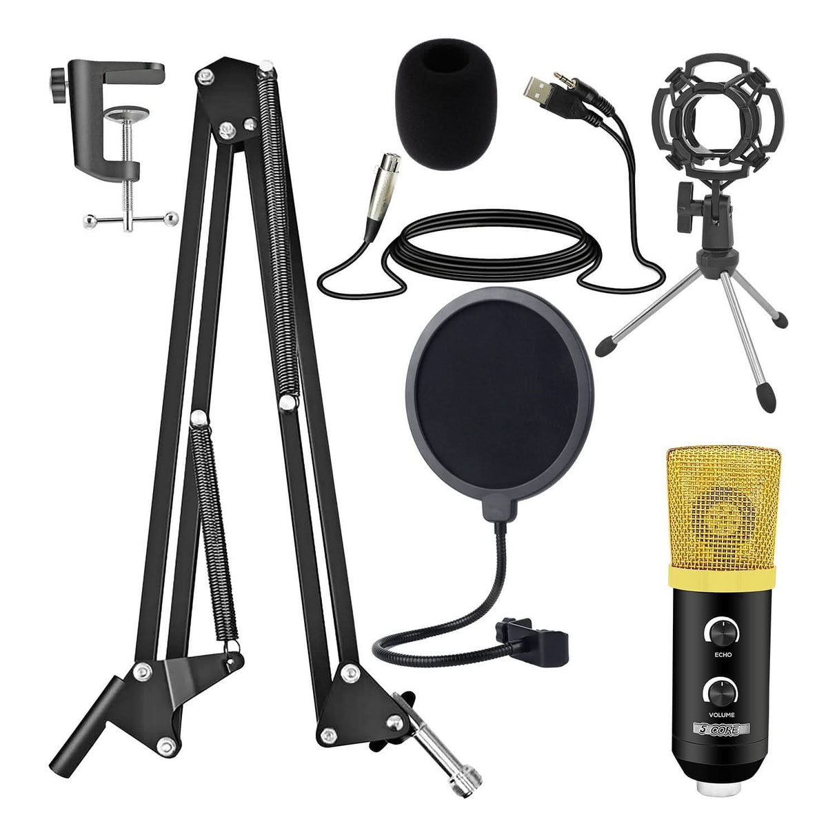 5Core recording microphone podcast bundle professional condenser cardioid mic kit with boom arm