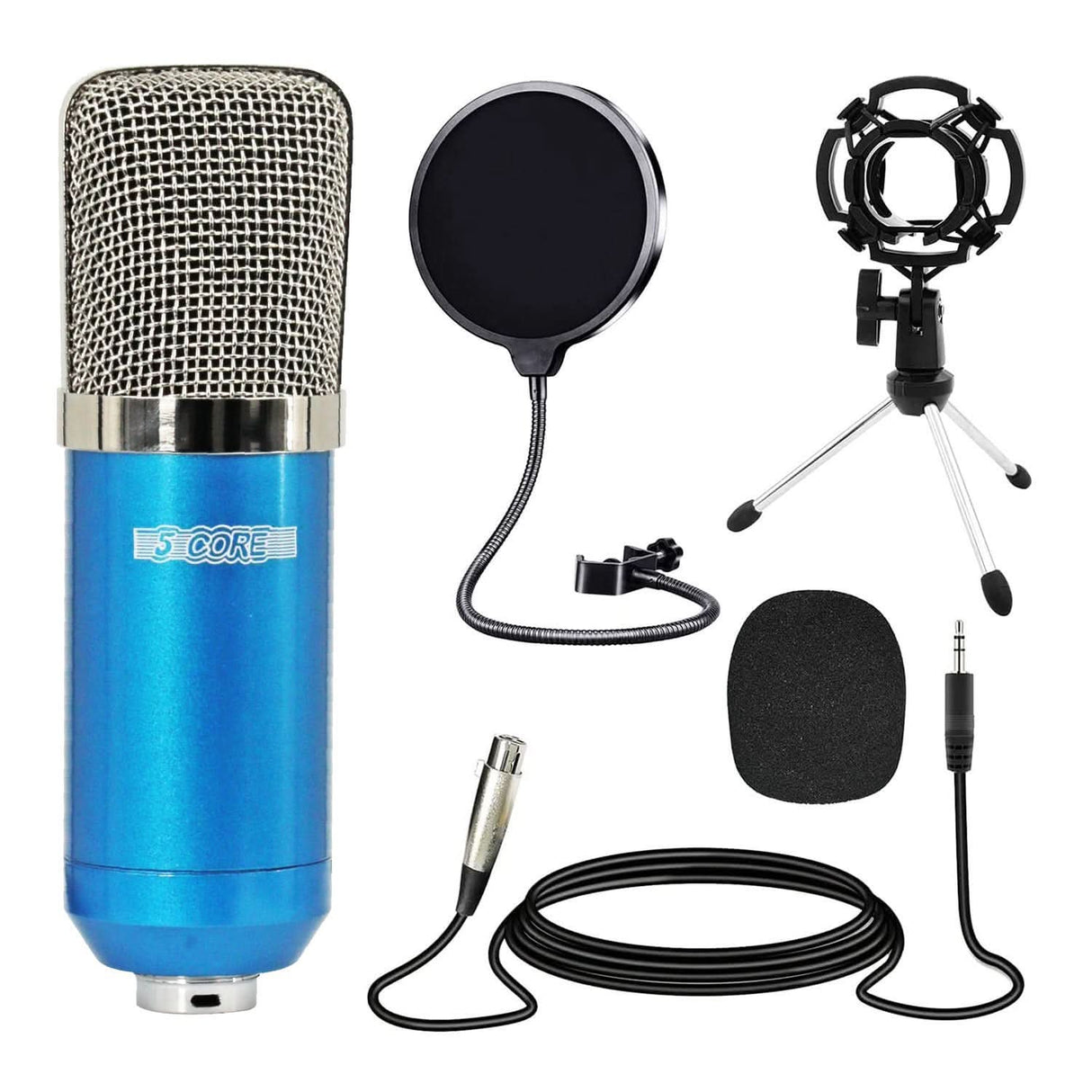 5Core recording microphone podcast bundle professional condenser cardioid mic kit with desk stand blue