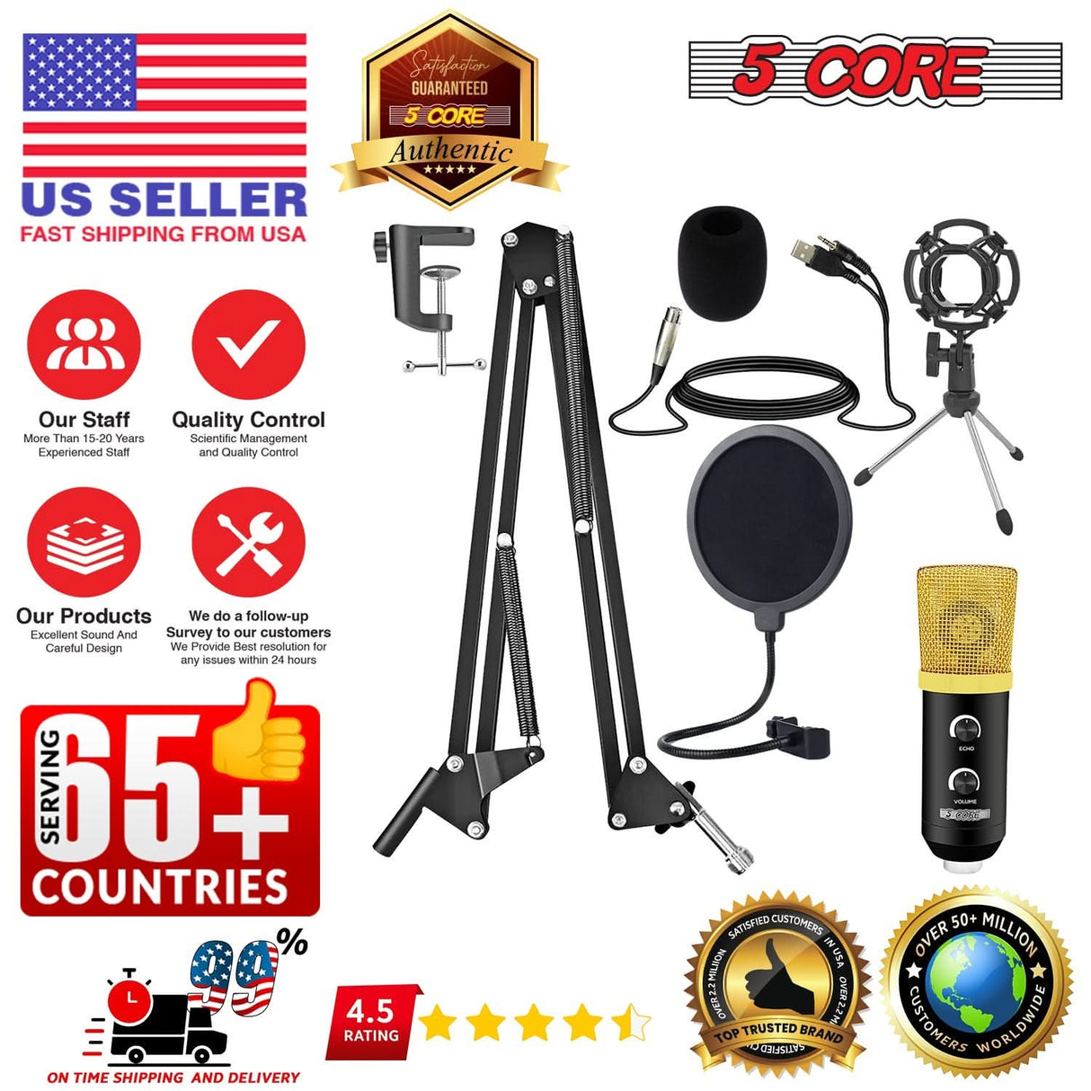 5Core Recording Microphone Podcast Bundle Professional Condenser Cardioid Mic Kit w Boom Arm