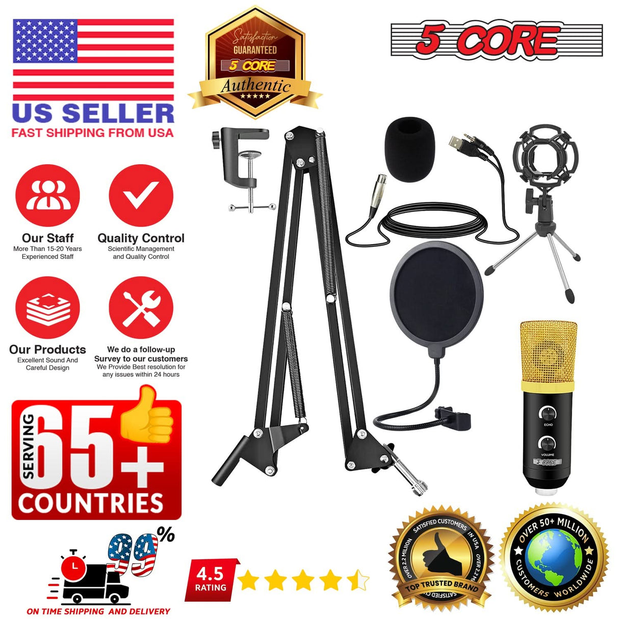 5Core Recording Microphone Podcast Bundle Professional Condenser Cardioid Mic Kit w Boom Arm