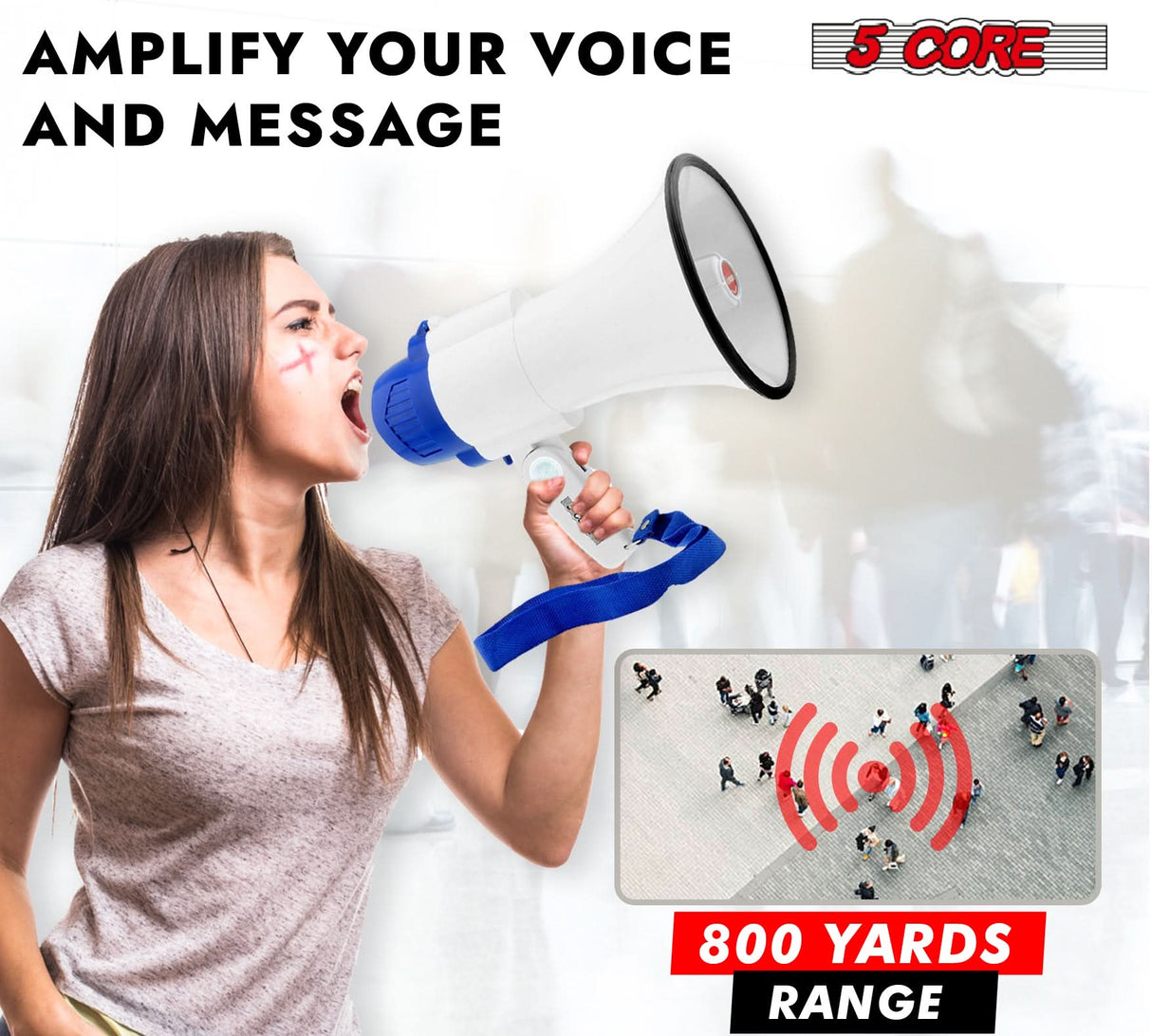 5 Core Megaphone 30W Bull Horn PA Speaker w 800 Yards Range Loud Siren Voice Amplifier Portable
